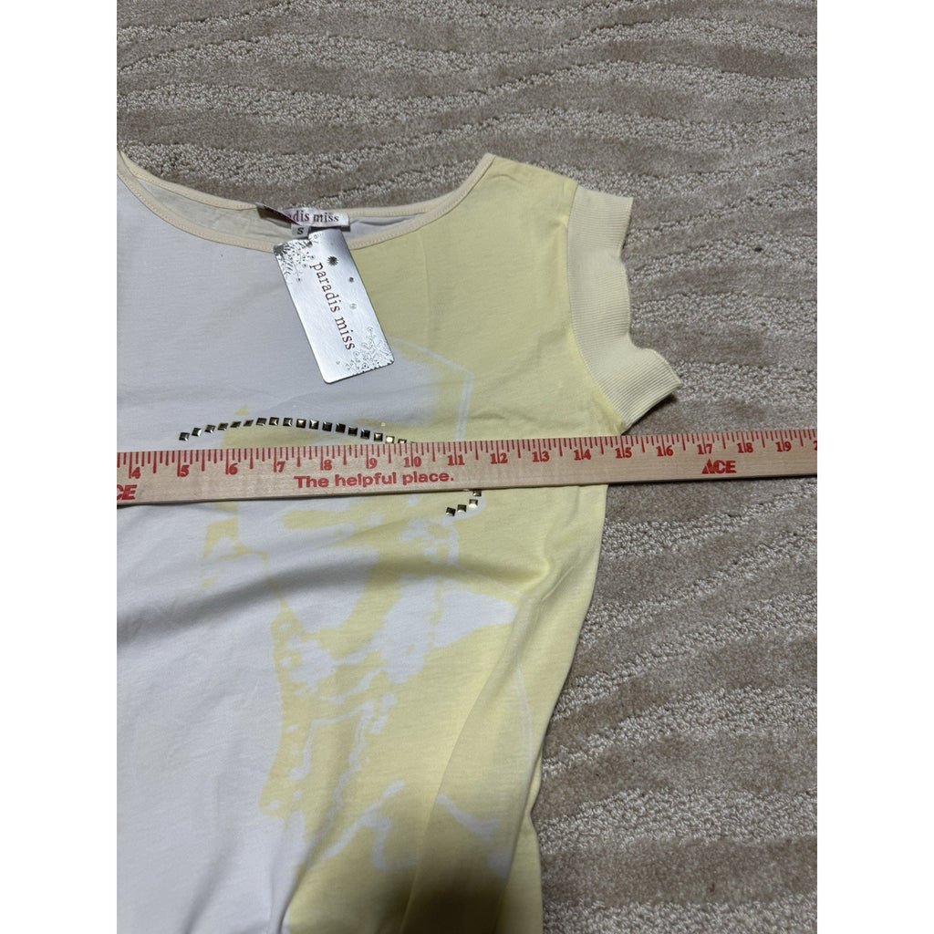 NWT Paradis Miss Womens Small Yellow White Studded Belted Mini Dress Cotton
