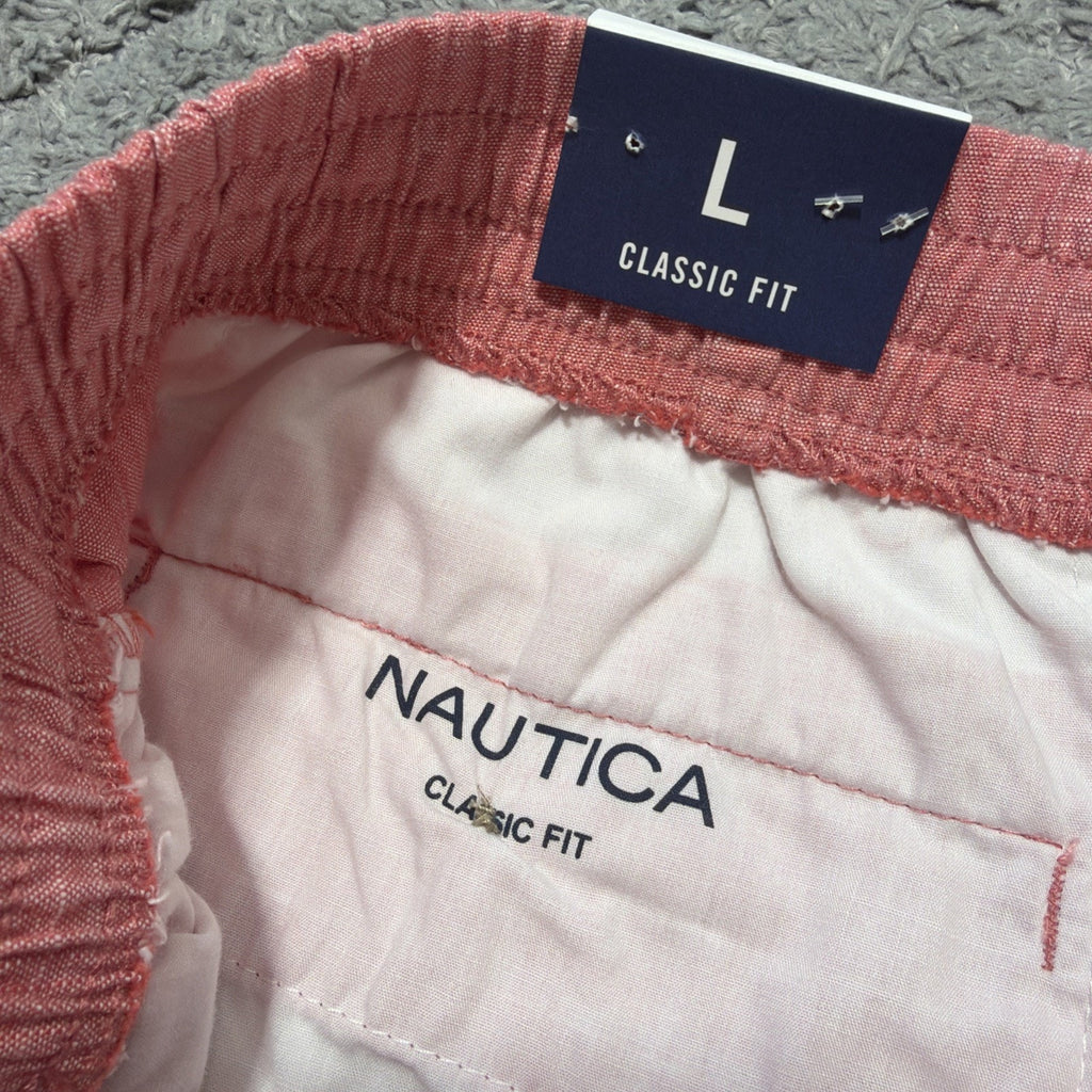 Men’s Nautica 7” Classic Fit Chambray Boardwalk Shorts In Mineral Red Size L NWT