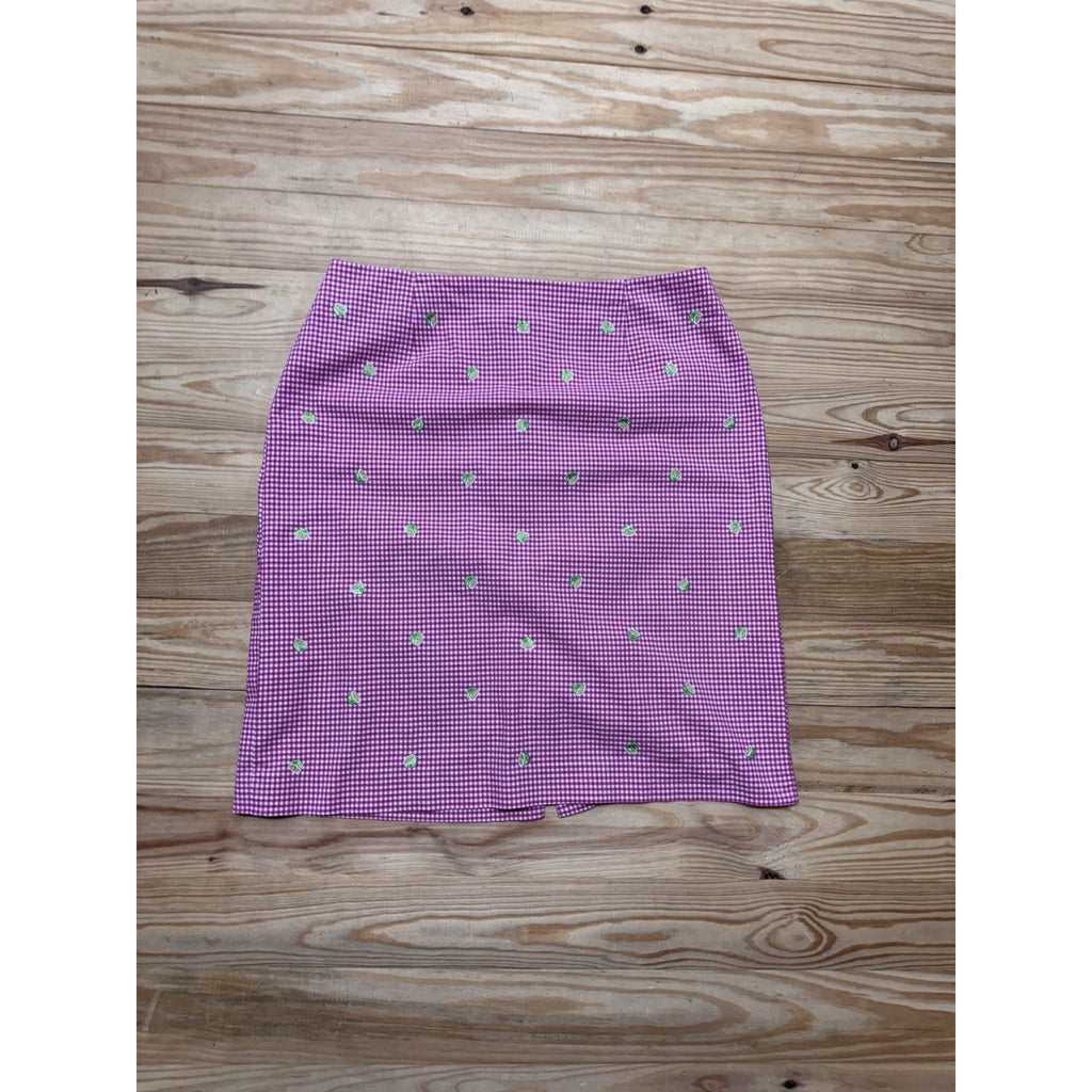 Talbots Skirt Pink Gingham Check Embroidered Green Lime Lined Cotton Women’s 10