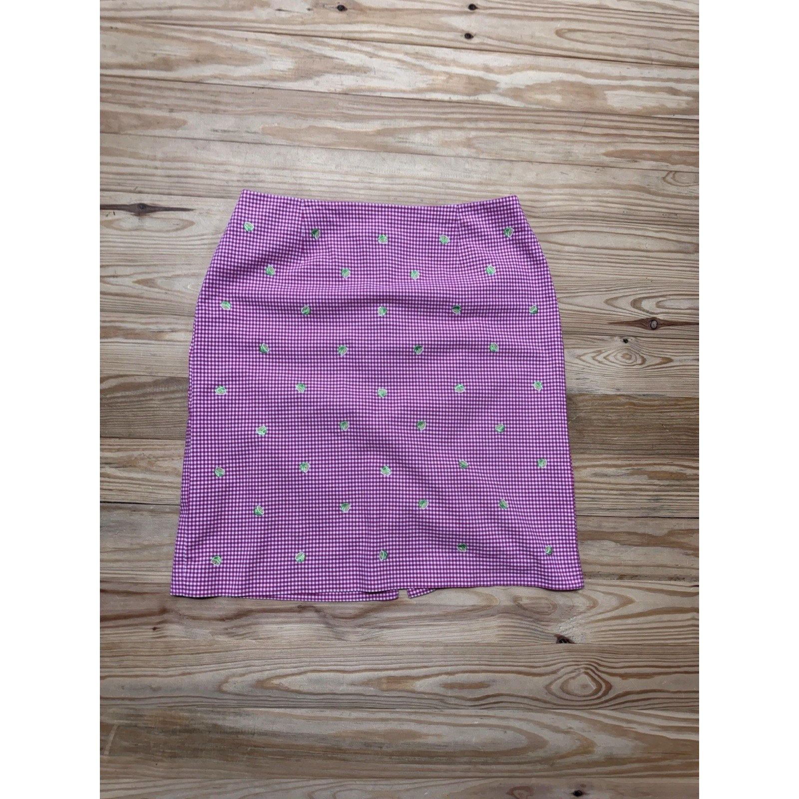 Talbots Skirt Pink Gingham Check Embroidered Green Lime Lined Cotton Women’s 10