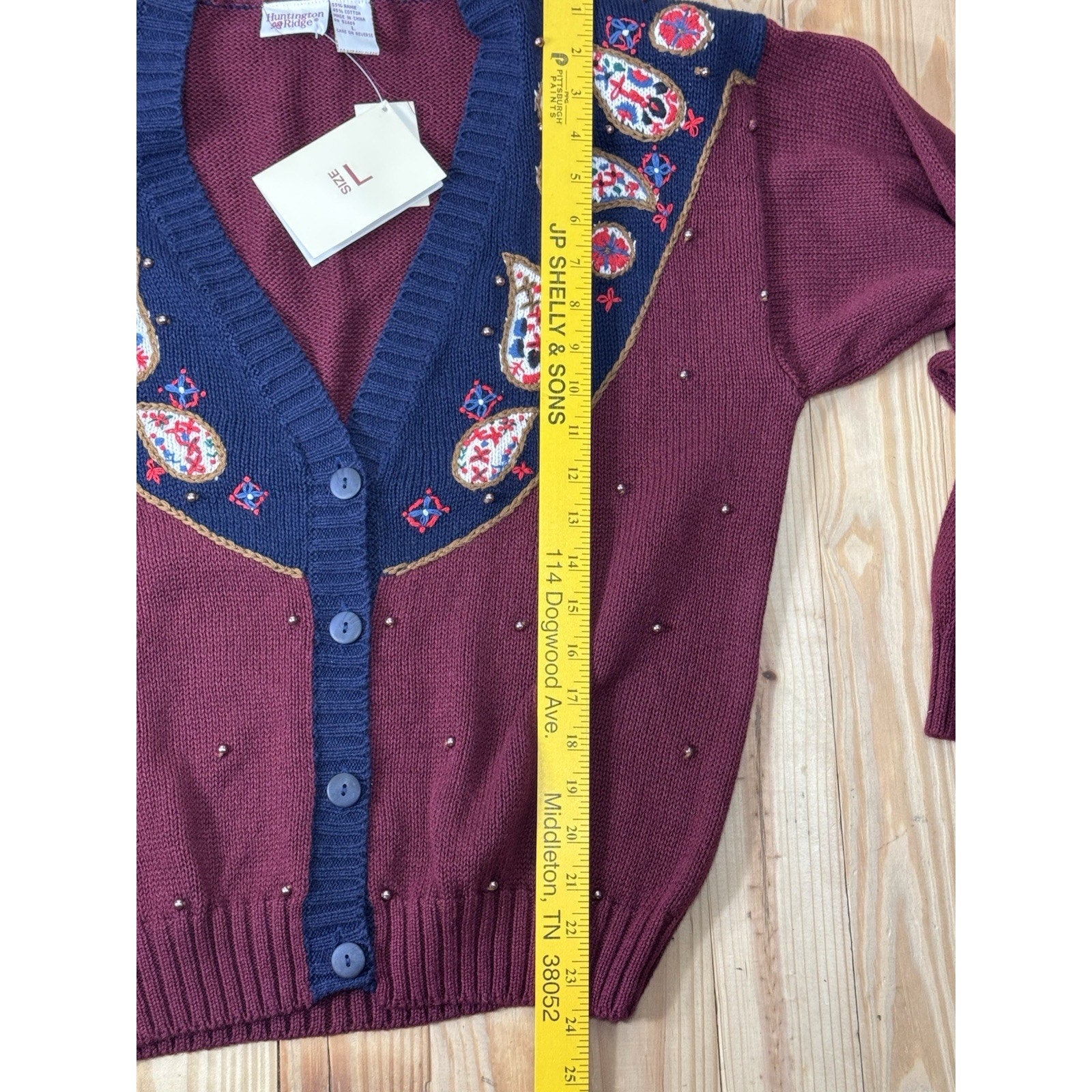 Vintage Huntington Ridge Cardigan Sweater Floral Embroidered Beaded Size Large