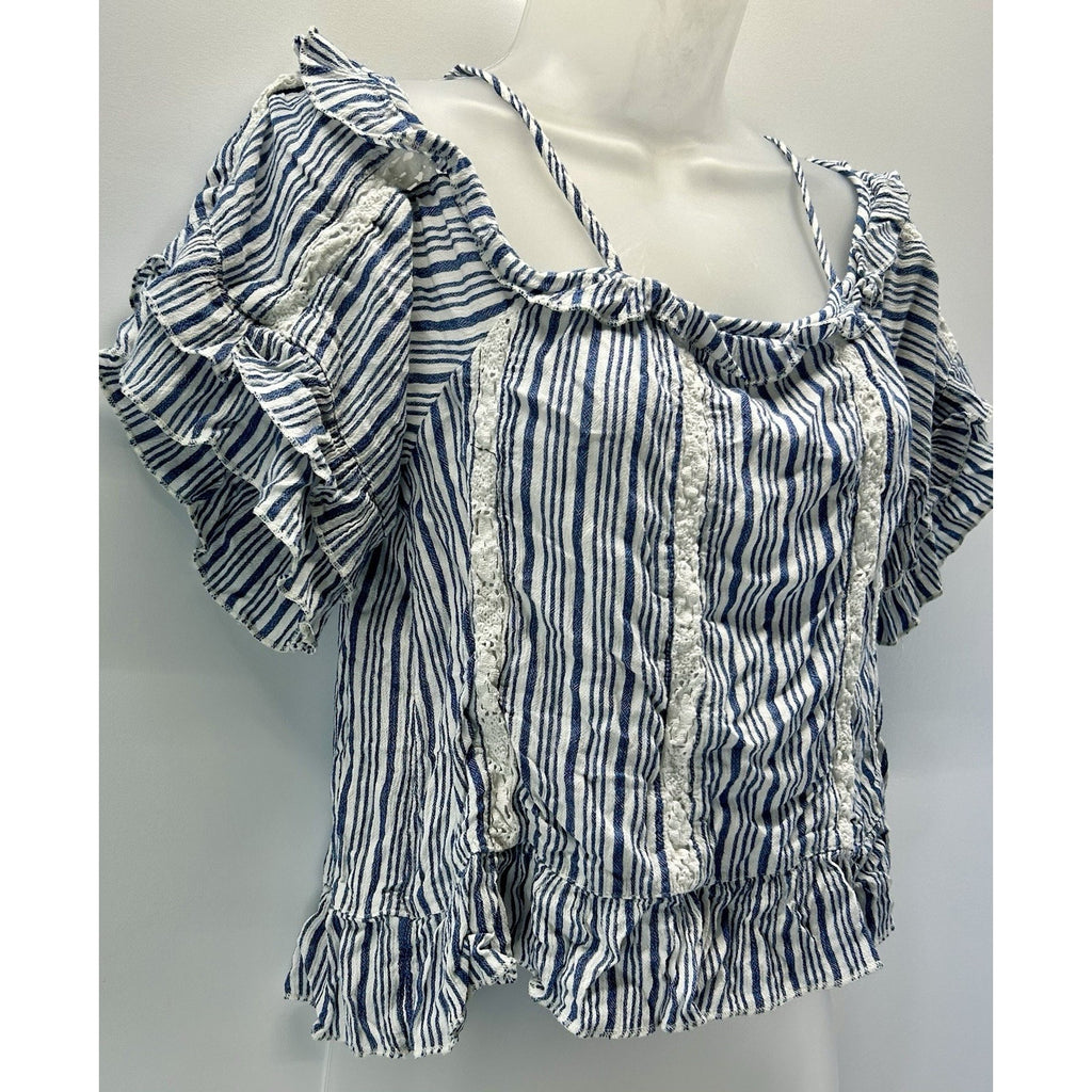 American Eagle Smocked Crop Top Womens Size XS Short Sleeve BLUE White Bohemian.