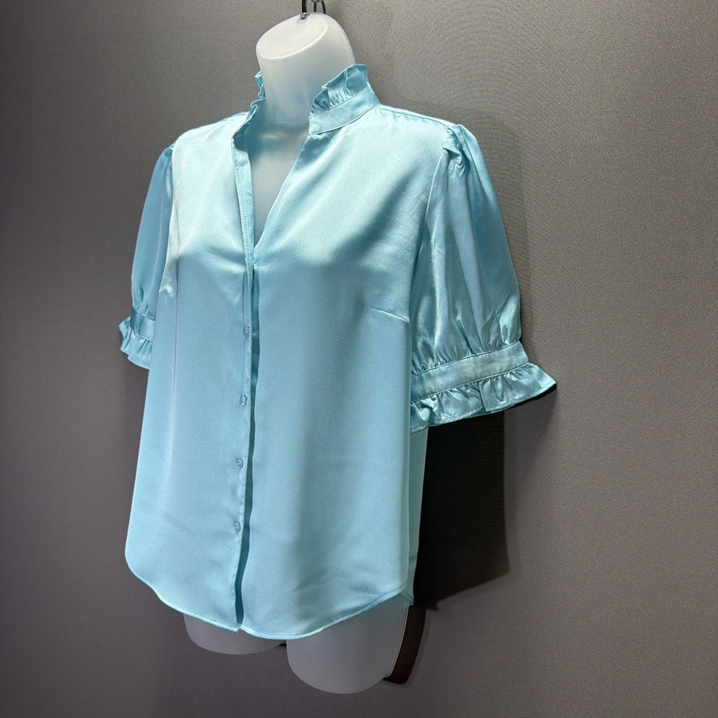 Ann Taylor Blue Satin Ruffle Button Short Sleeve Blouse Size XS