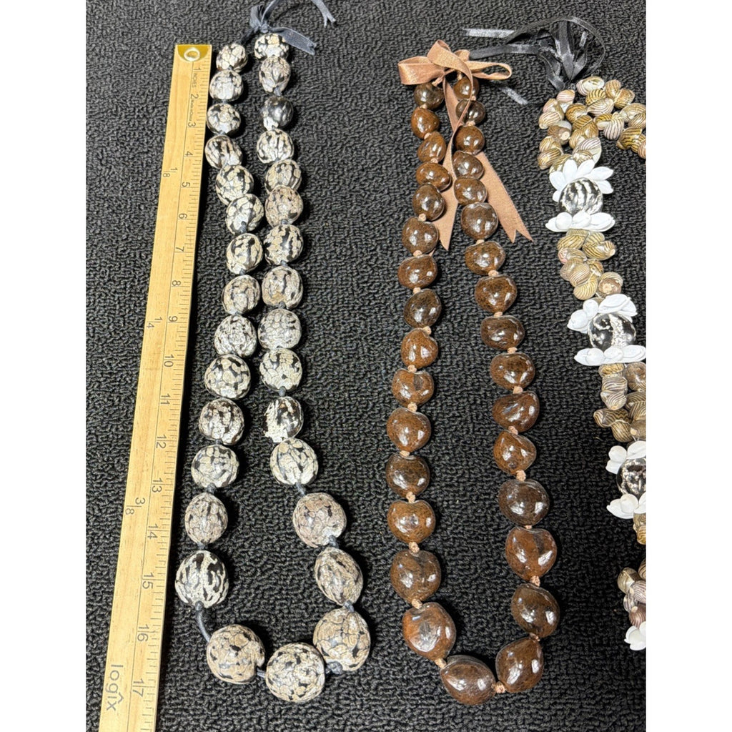 3 Mongo Shell Hawaiian Lei Necklace Accented w/ Kukui Nuts Luau