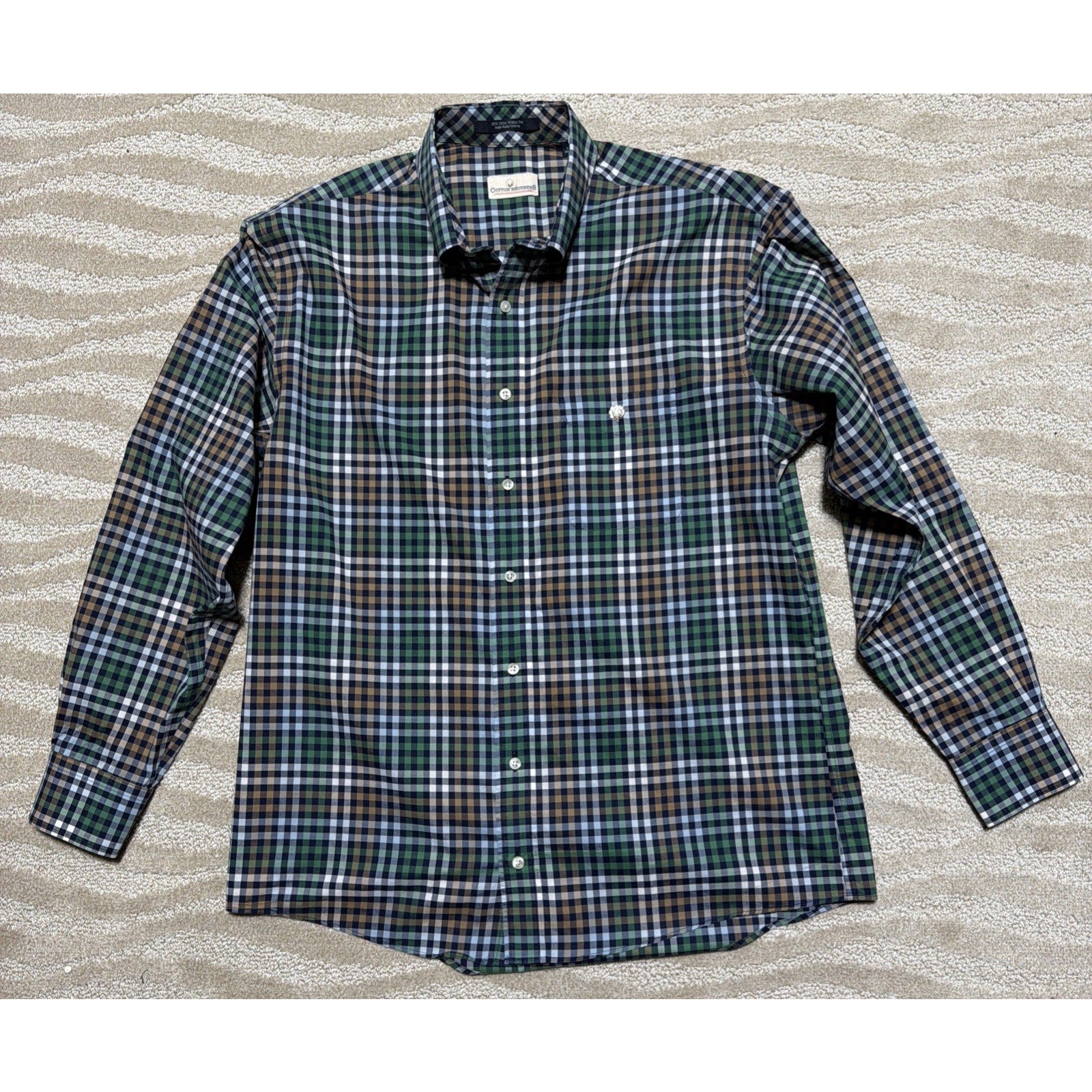 COTTON BROTHERS Men’s L Gingham Wrinkle Free Button Up Shirt Long Sleeve Cotton