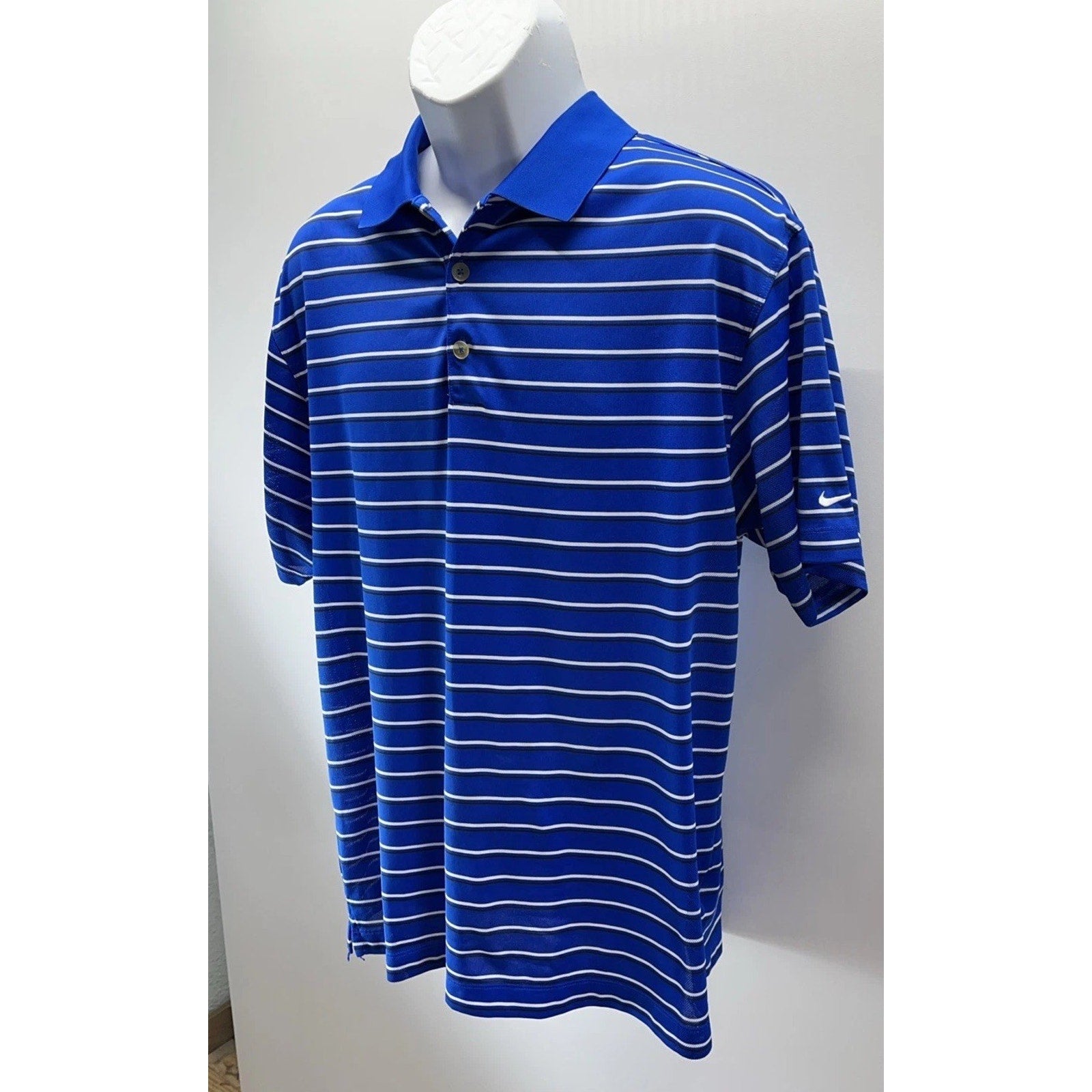 NIKE GOLF Mens Large S/S Dri Fit Golf Polo Shirt Slate Blue Gray White Striped