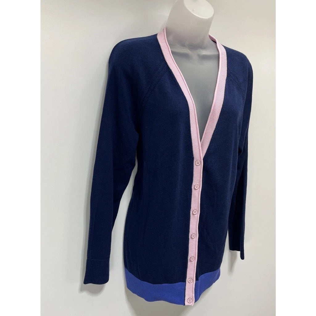 TALBOTS INDIGO NAVY BLUE/PINK TIPPED GIRLFRIEND CARDIGAN SWEATER Large