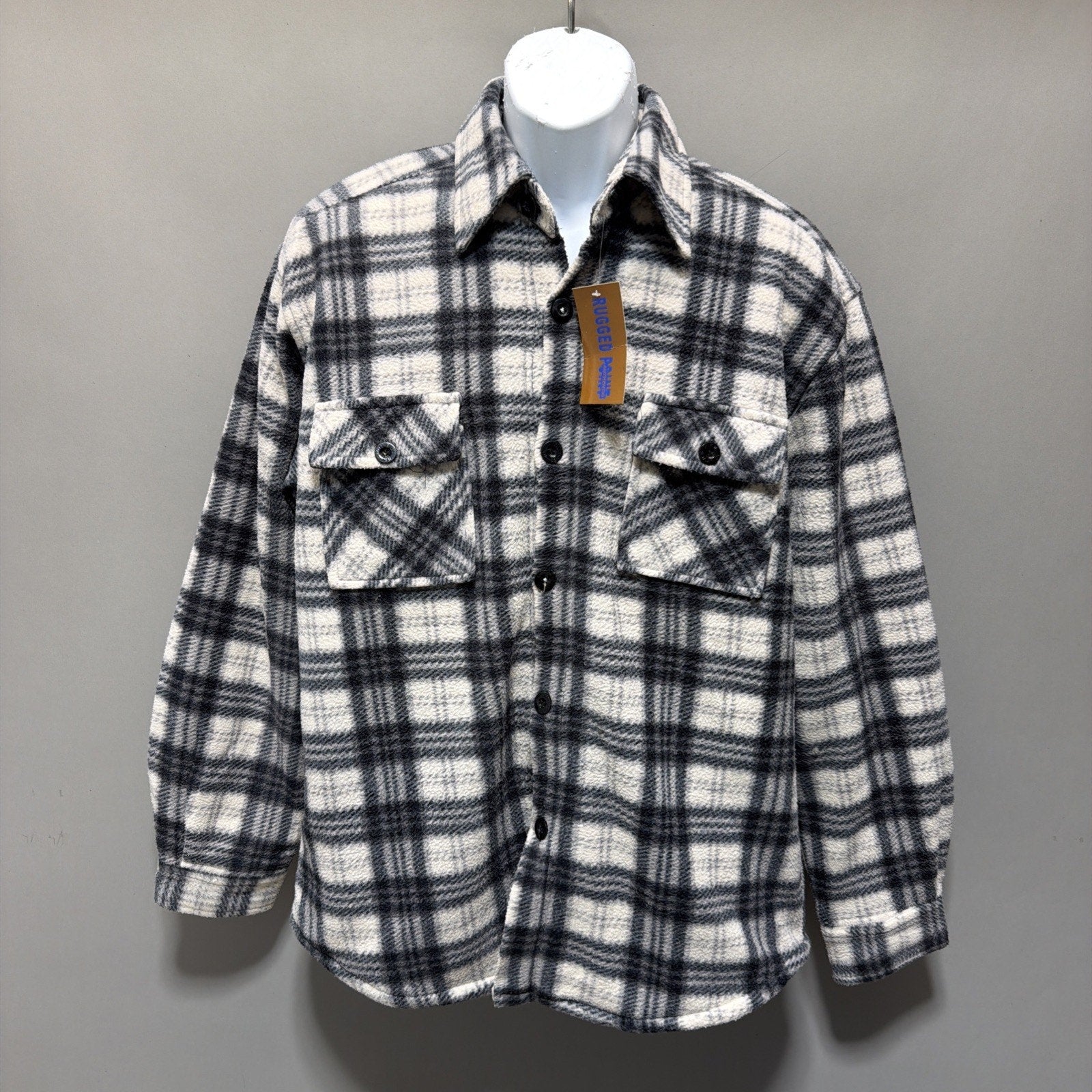 Mens Rugged Point Authentic Grey Plaid Fleece Sherpa Button Up Shacket L NWT