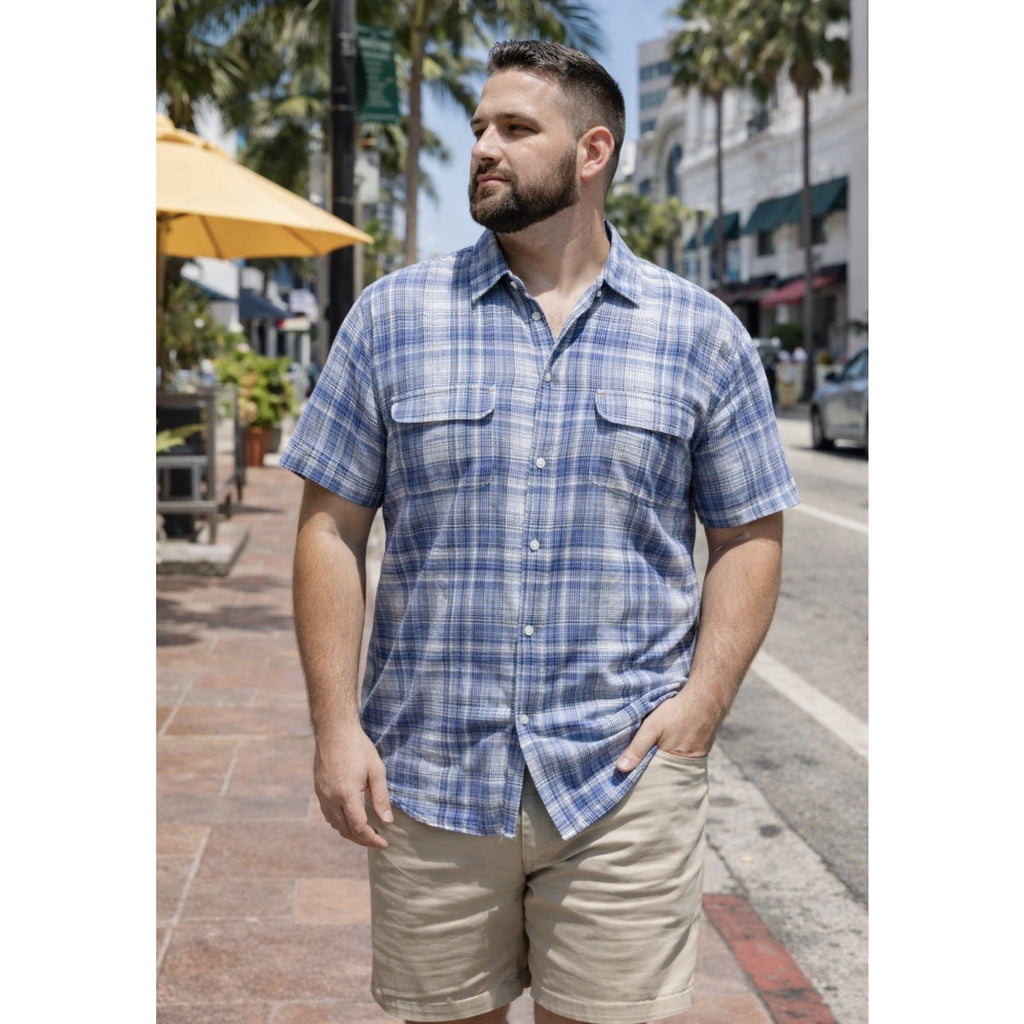 Banana Republic Mens Slim Fit Blue Plaid Short Sleeve Shirt Lightweight L Beach