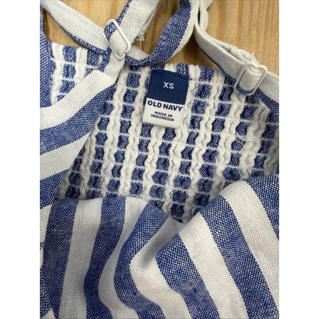 Old Navy Fit & Flare Chambray Blue White Vertical Striped Linen Blend Dress XS