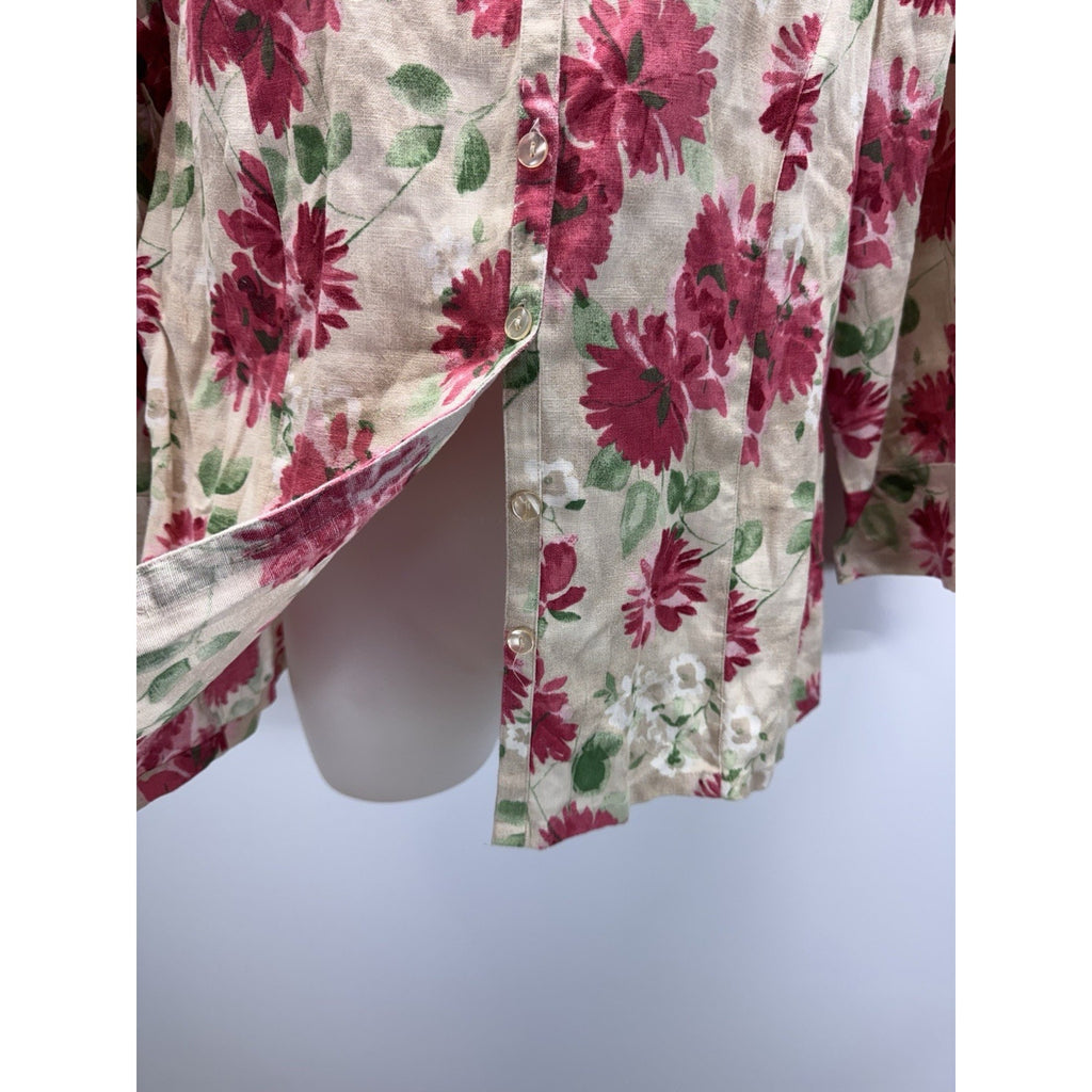 JM Collection Womens Linen Button Down Floral Blouse Sz 10