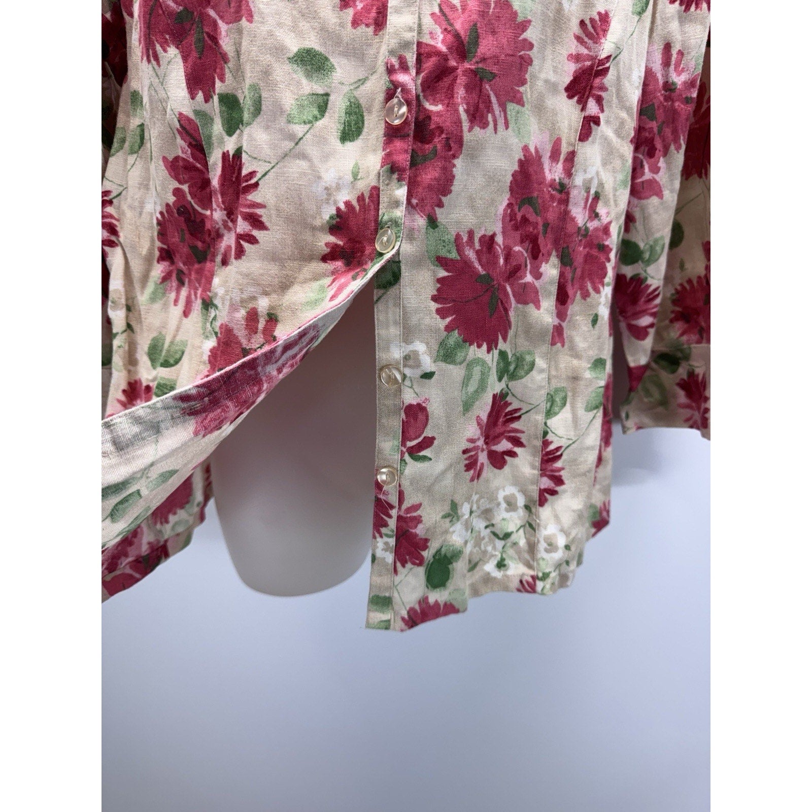 JM Collection Womens Linen Button Down Floral Blouse Sz 10