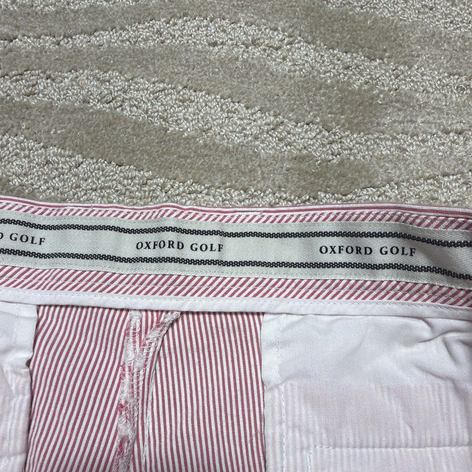 Oxford Golf Pink White Stripe Seersucker Chino Shorts Flat Front Stretch Sz 38