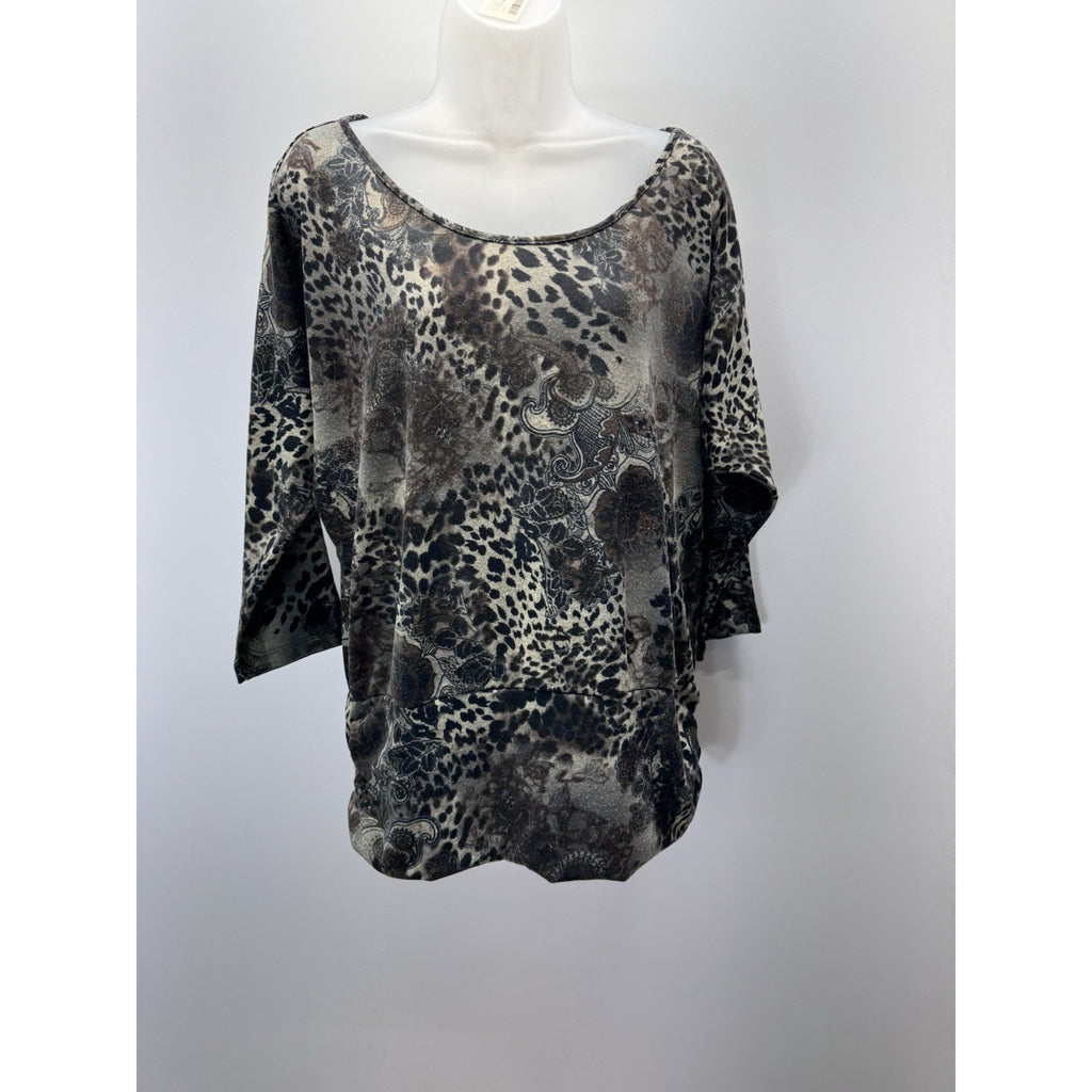 VINTAGE SUZIE Animal Print Cowl Neck Blouse Green Size Medium Lightweight Casual
