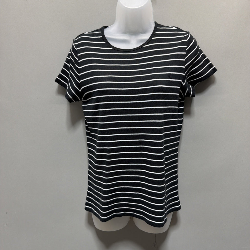 Lauren Ralph Lauren Womens L T-Shirt Black Stripe Embroidered Short Sleeve