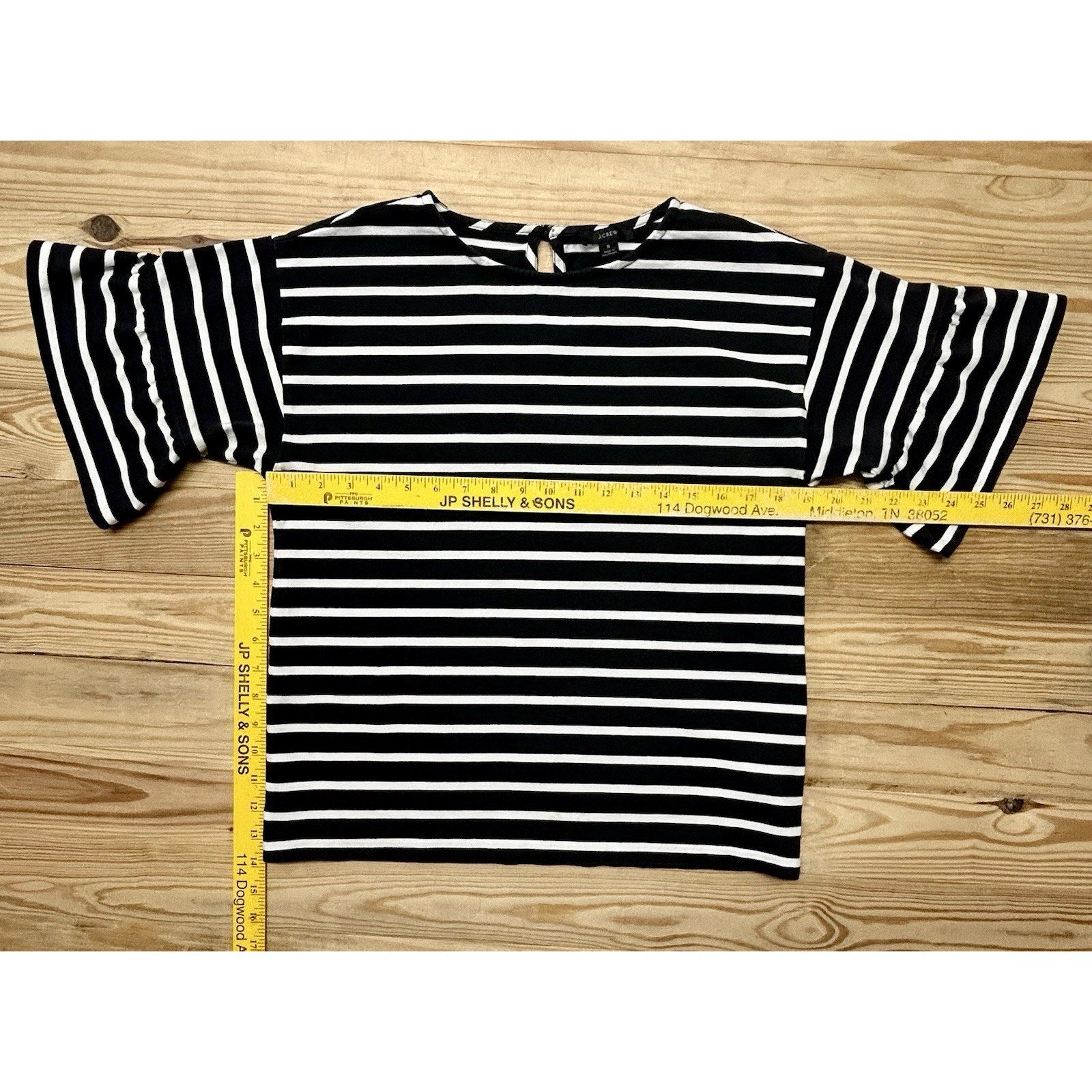 J. Crew Mariner Top Womens S Black White Striped Ruffle Short Sleeve Nautical.