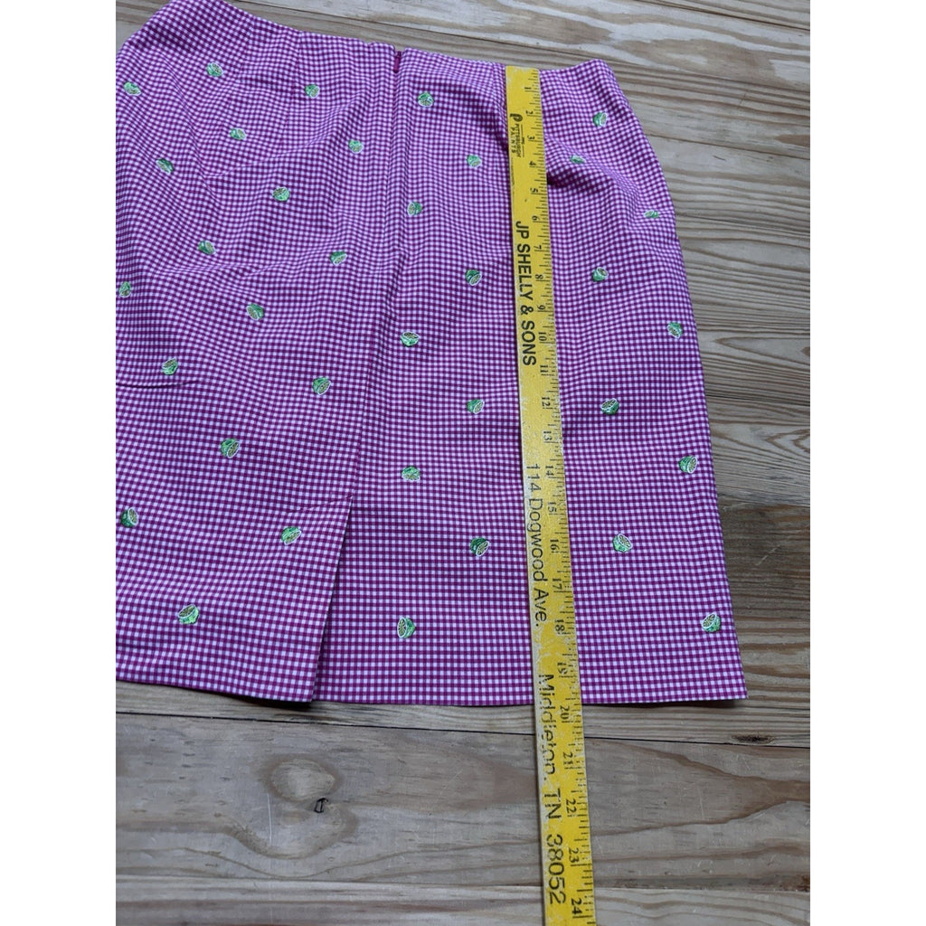 Talbots Skirt Pink Gingham Check Embroidered Green Lime Lined Cotton Women’s 10