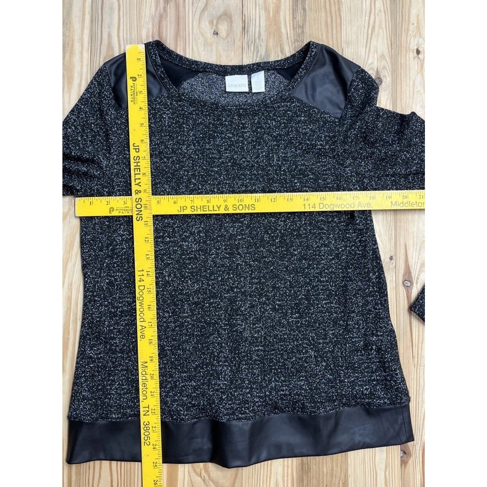 Chico's Womens Metallic Faux Leather Trim Blouse Size 1 Black Long Sleeve