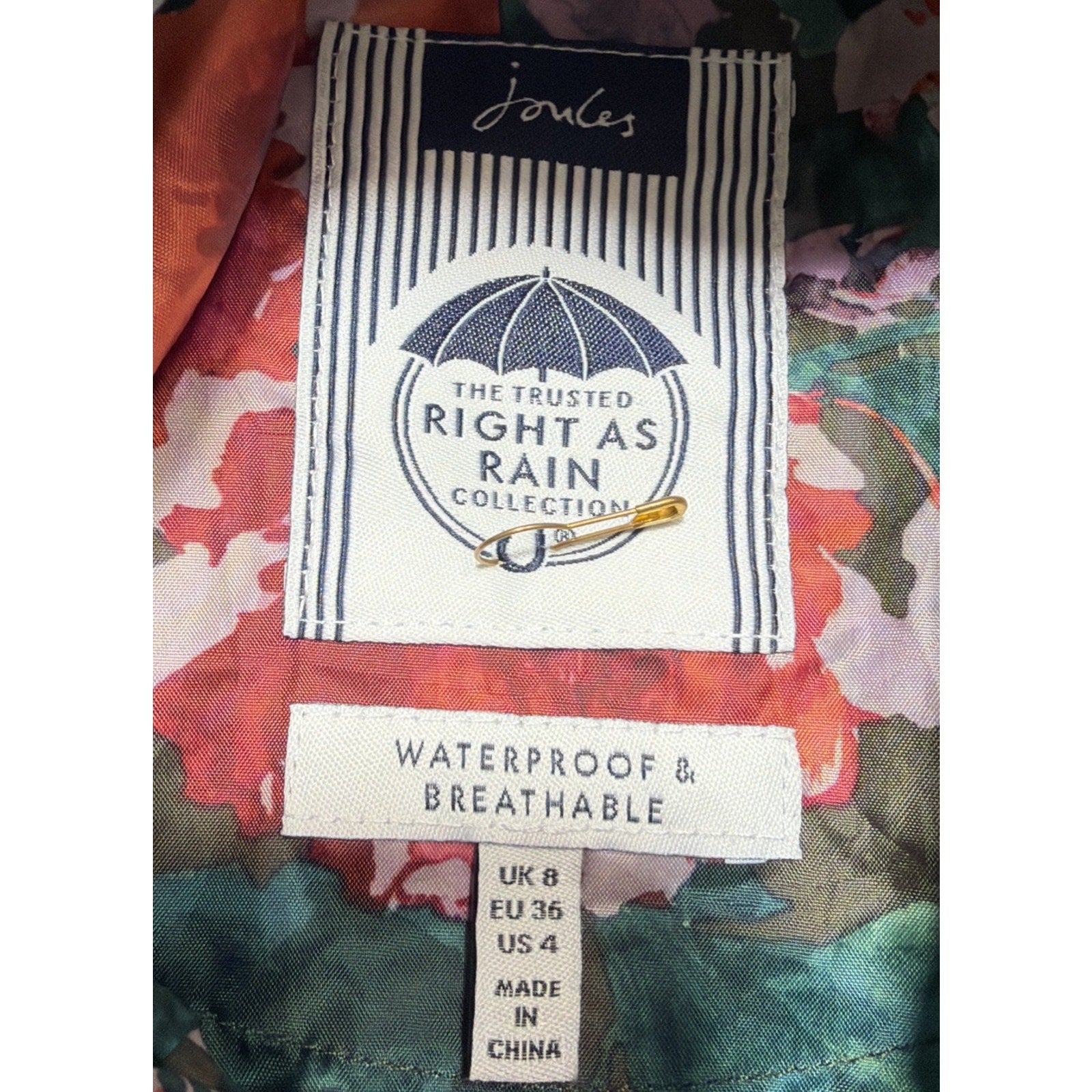 Joules Golightly Packable Weatherproof Floral Print Raincoat Jacket US Sz 4 New