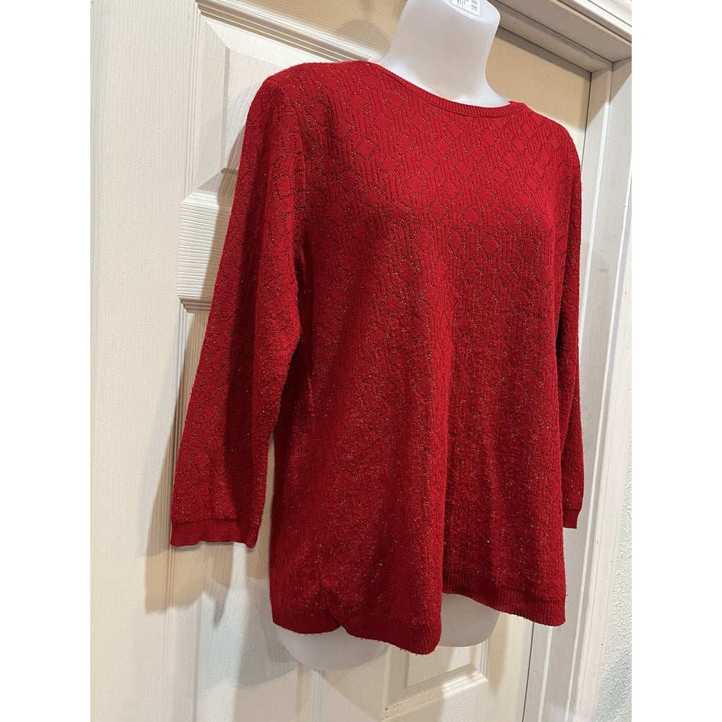 Vtg Alfred Dunner Red Knit Sparkle Sweater Women's Size Medium Made in The USA