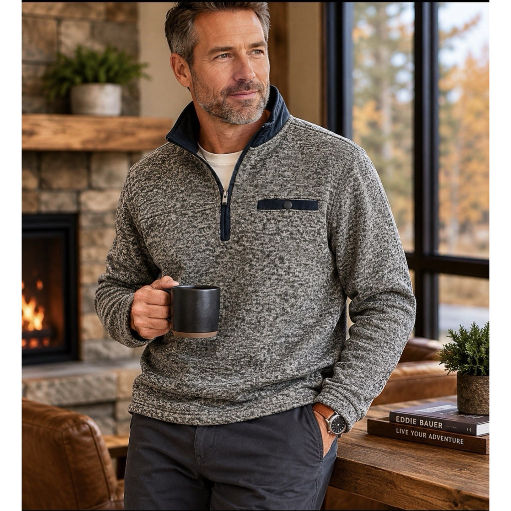 Eddie Bauer Mens Large Gray Heather Sweater Fleece 1/4 Zip Pullover Pocket L