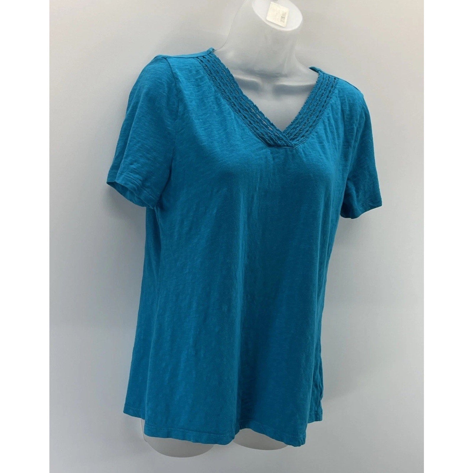 Talbots Pretty Sea Blue Crochet V-Neck Short Sleeve Cotton Top M