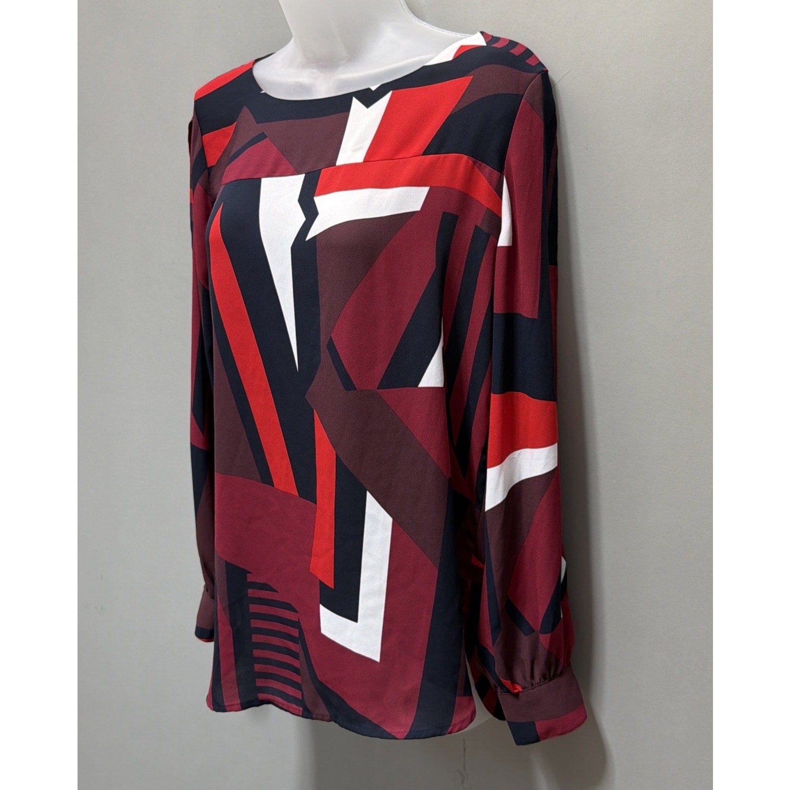 Loft Womens sz S Top Red Black Geometric Long Sleeve Wide Neck Pullover Blouse