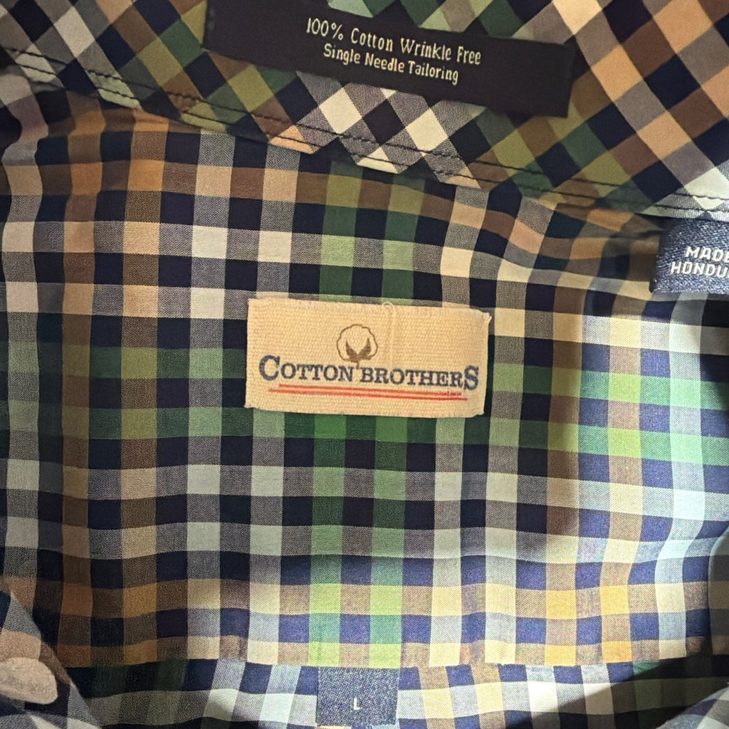 COTTON BROTHERS Men’s L Gingham Wrinkle Free Button Up Shirt Long Sleeve Cotton