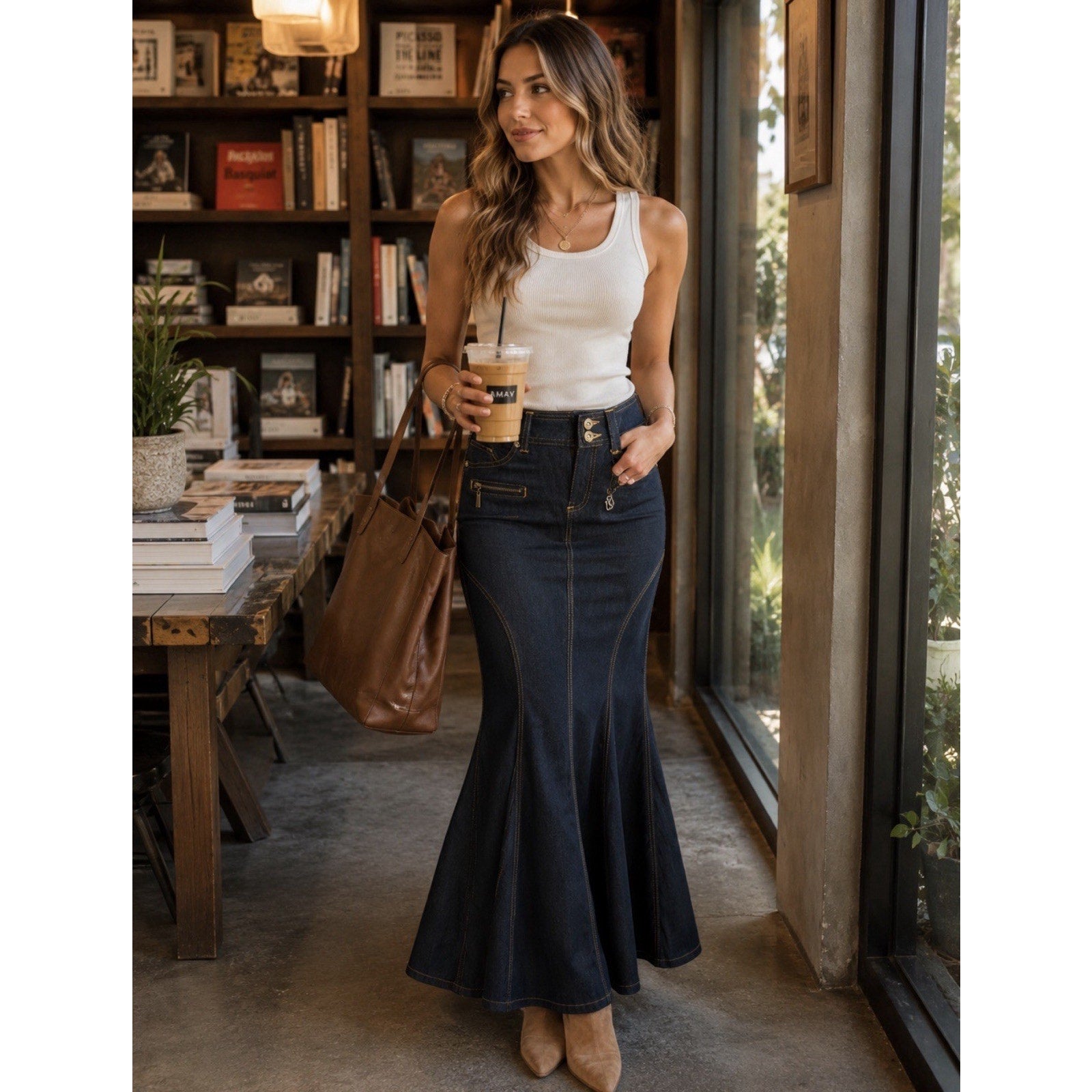 BISOU BISOU sz 4 Flared Denim Mermaid Long Jean Skirt Michele Bohbot Dark Denim