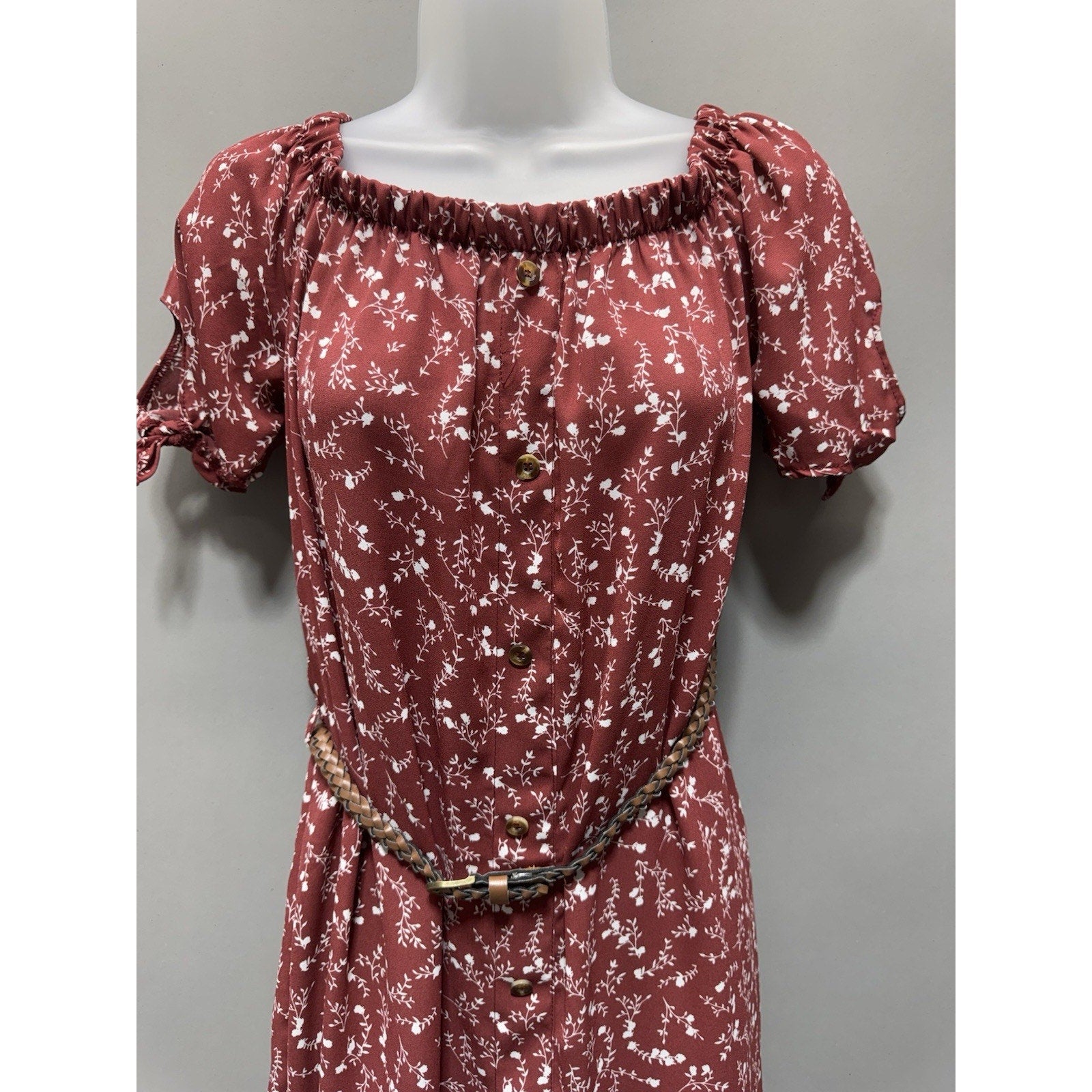 Rue21 Floral Off Shoulder Dress Small NWT Cottagecore Milkmaid Boho Belted Red