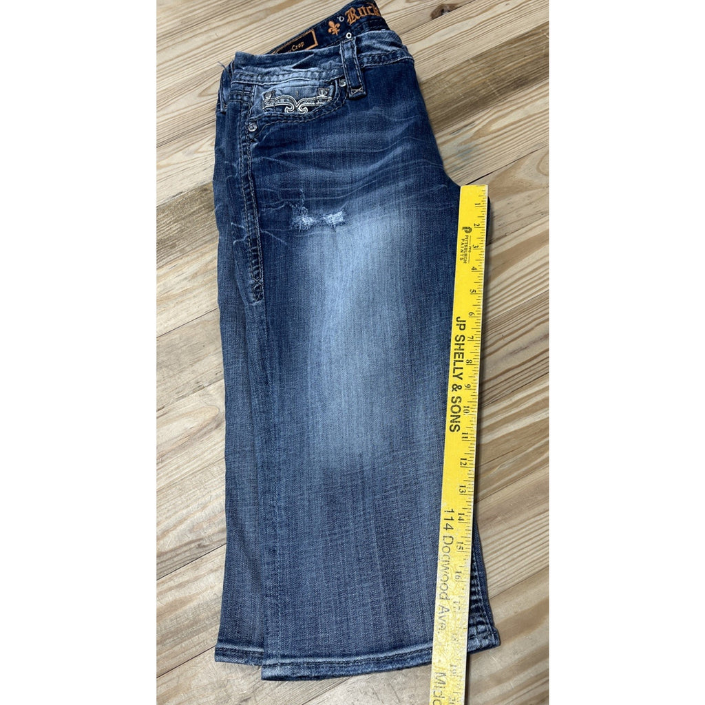 Rock Revival Jeans Women 31 Blue Sherry Easy Crop Embroidered Back Flap Jeweled