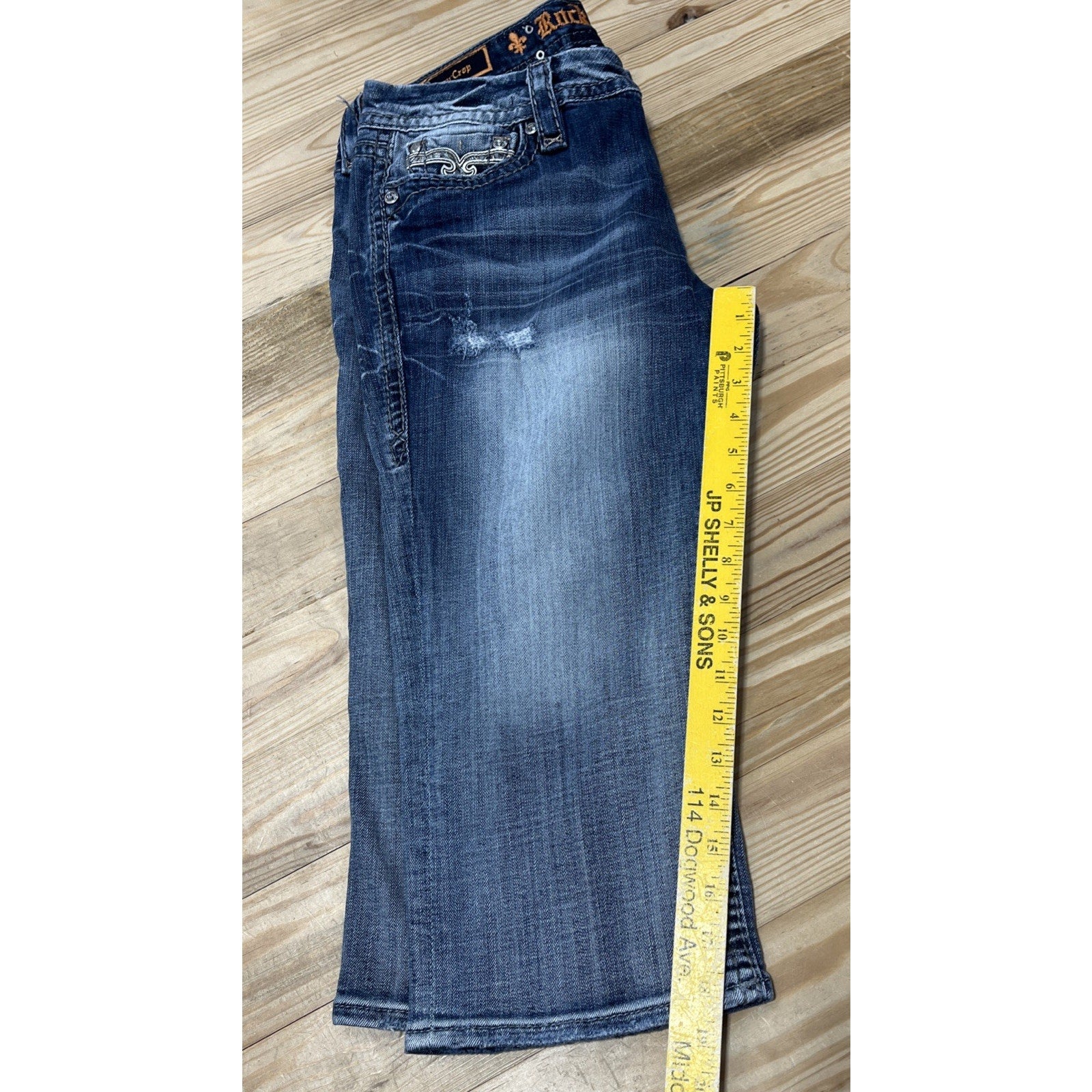 Rock Revival Jeans Women 31 Blue Sherry Easy Crop Embroidered Back Flap Jeweled
