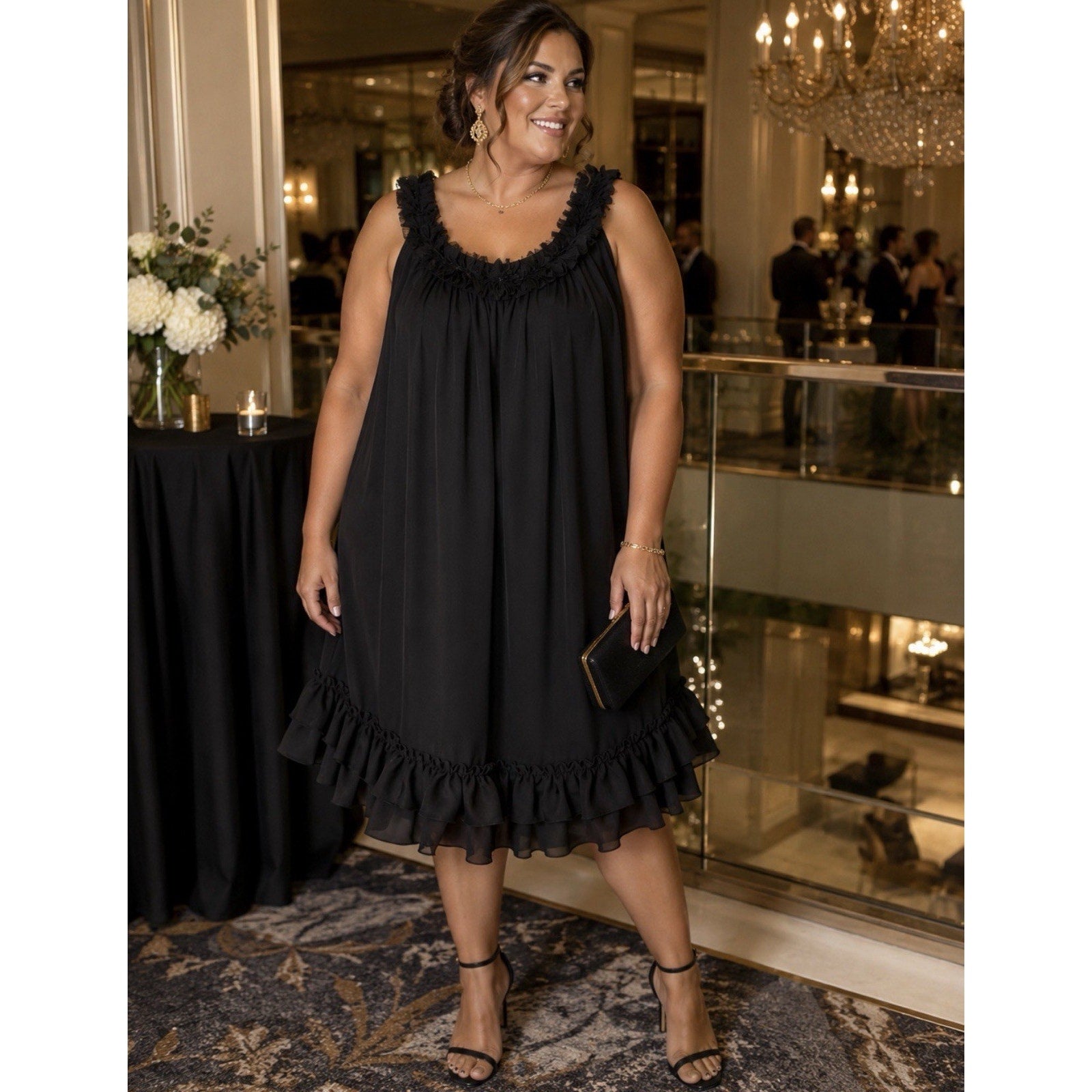 Sophia Christina Dress Womens 16 Black Ruffle Sleeveless Chiffon Cocktail NWT