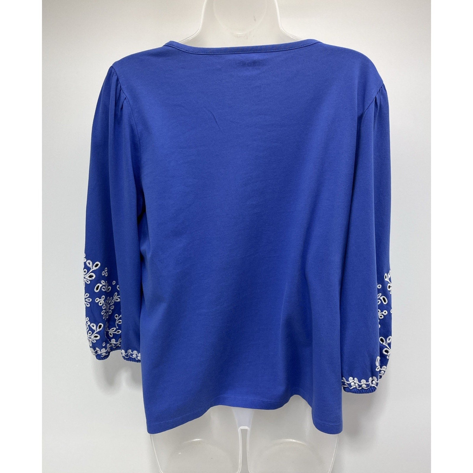 Talbots Eyelet Embroidered Peasant Top Womans Size LP Blue Cotton Boho Casual