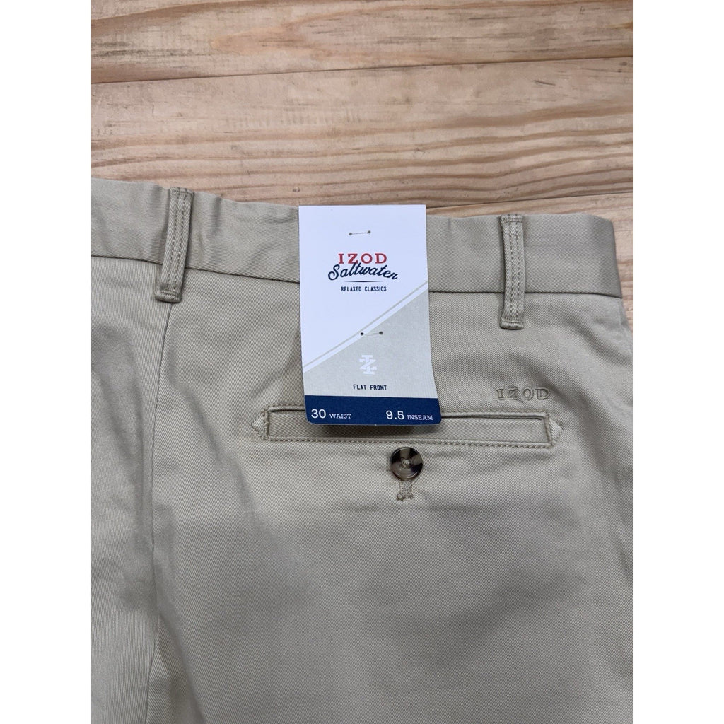 IZOD Saltwater Shorts Stretch Flat Front Relaxed 9.5 Inseam Tan Khaki Men’s 30