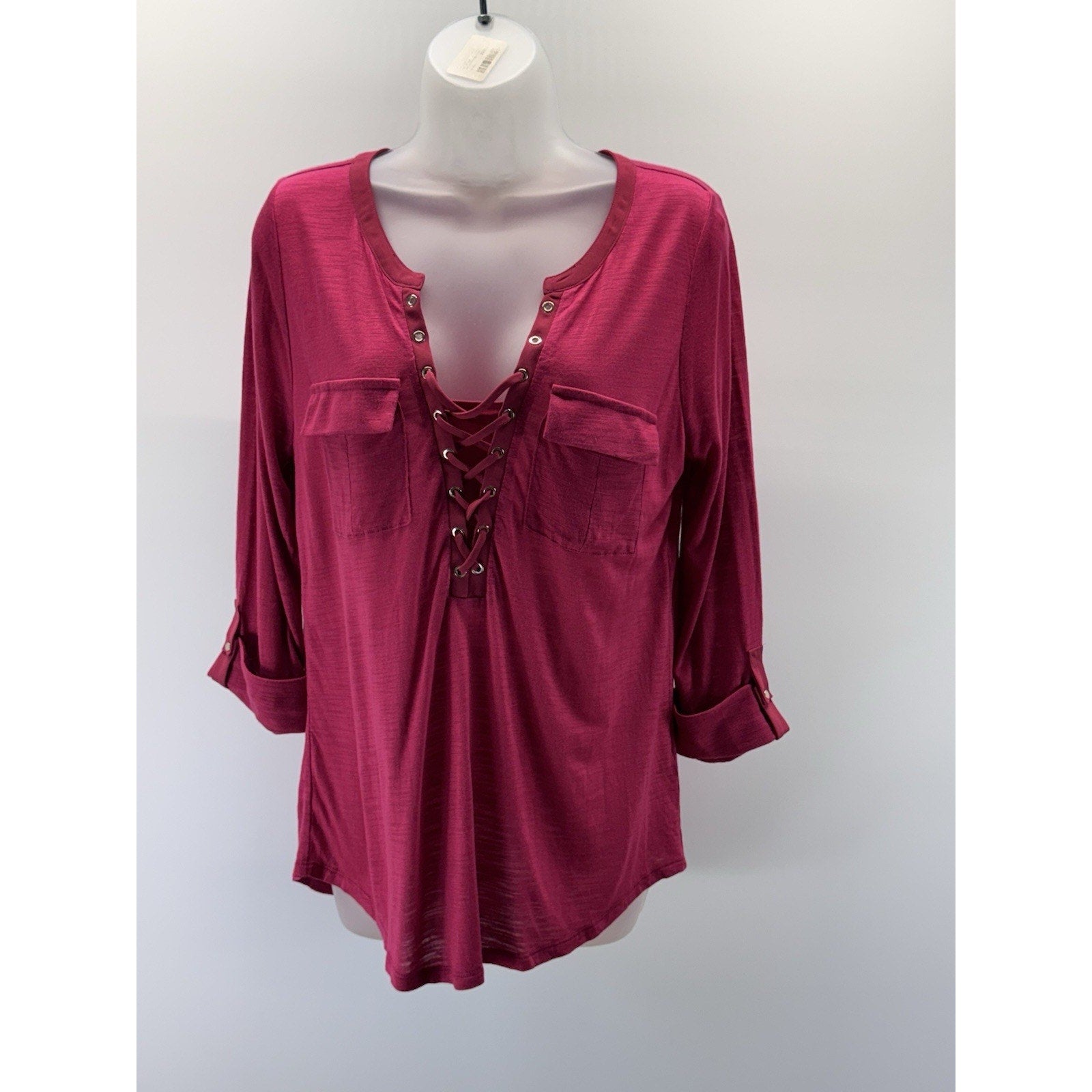 White House Black Market Fusia 1/4 Button Lace Up Pocket Tee Women’s Size M
