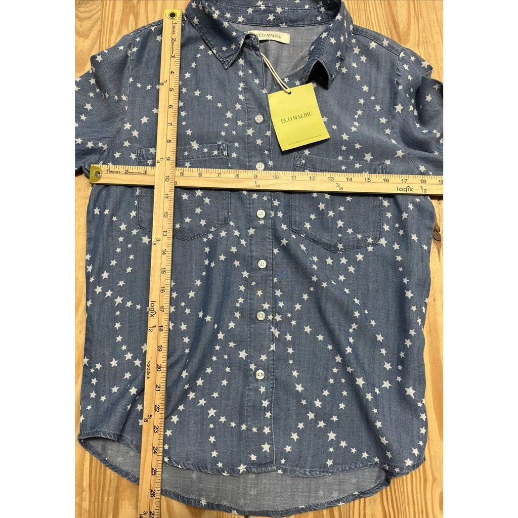 Eco Malibu Women’s Blue Star Print Long Sleeve Button Up Top Size Small