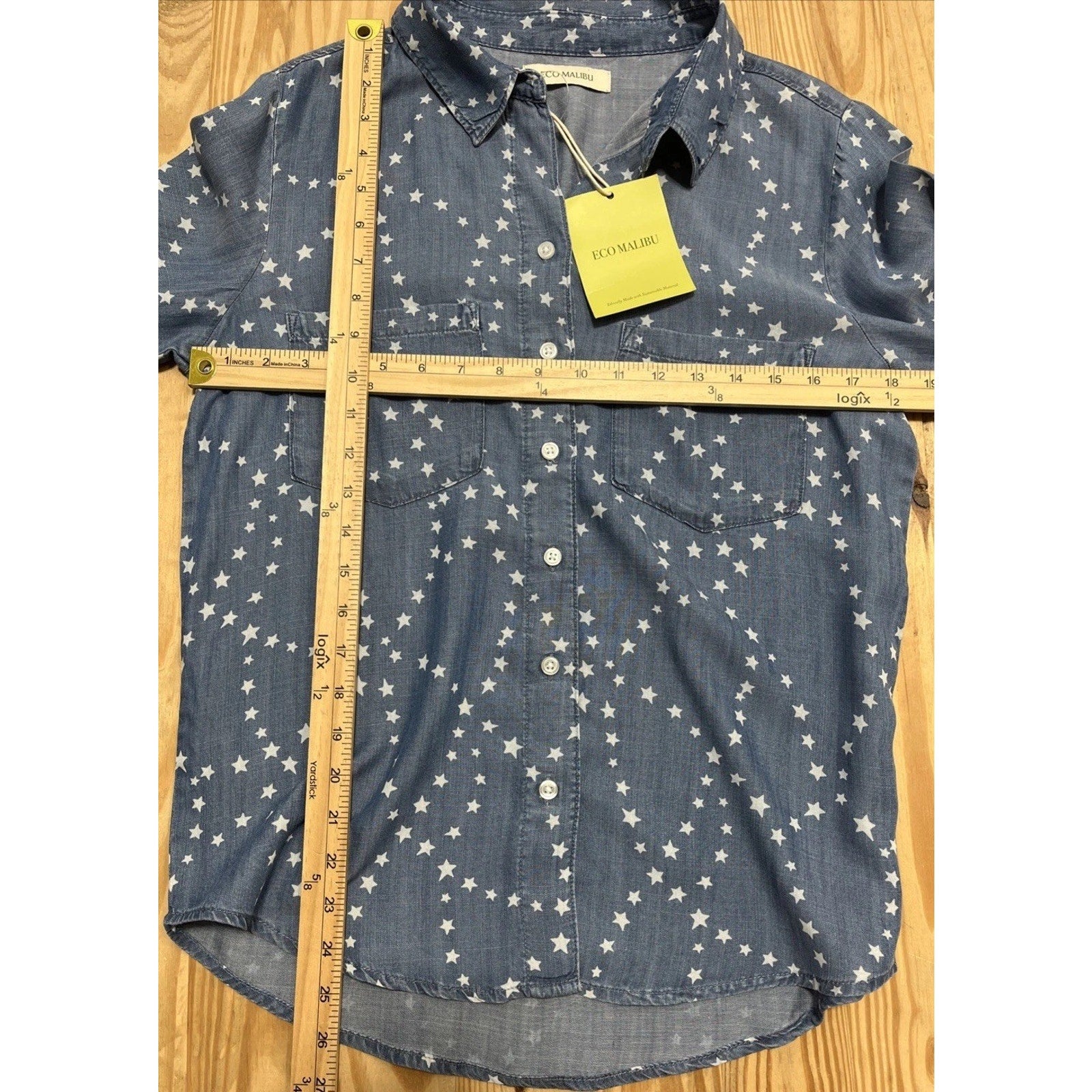 Eco Malibu Women’s Blue Star Print Long Sleeve Button Up Top Size Small