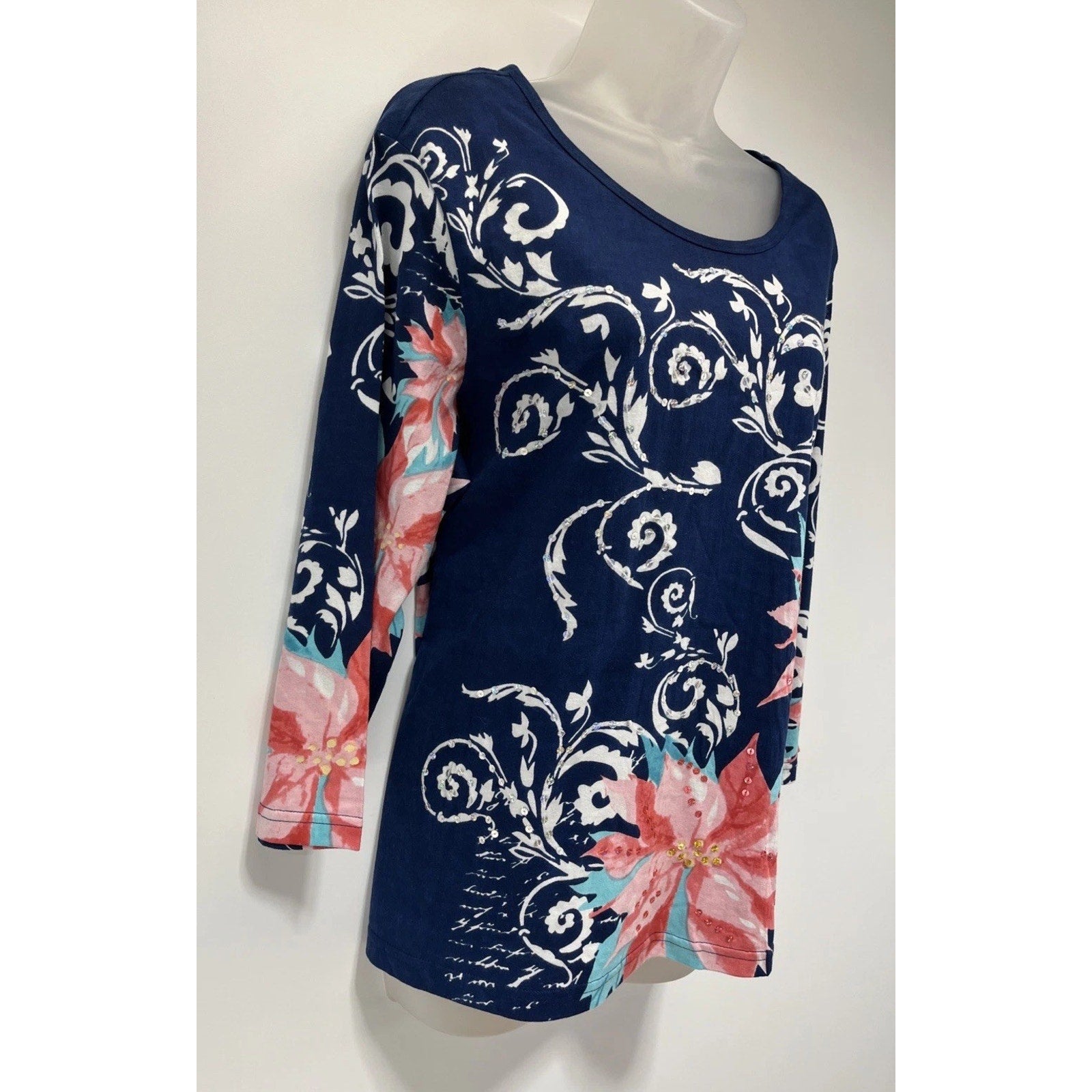 Take Two Navy Blue White Red Sequins 3/4 Sleeve Floral Top Womens Cotton Large