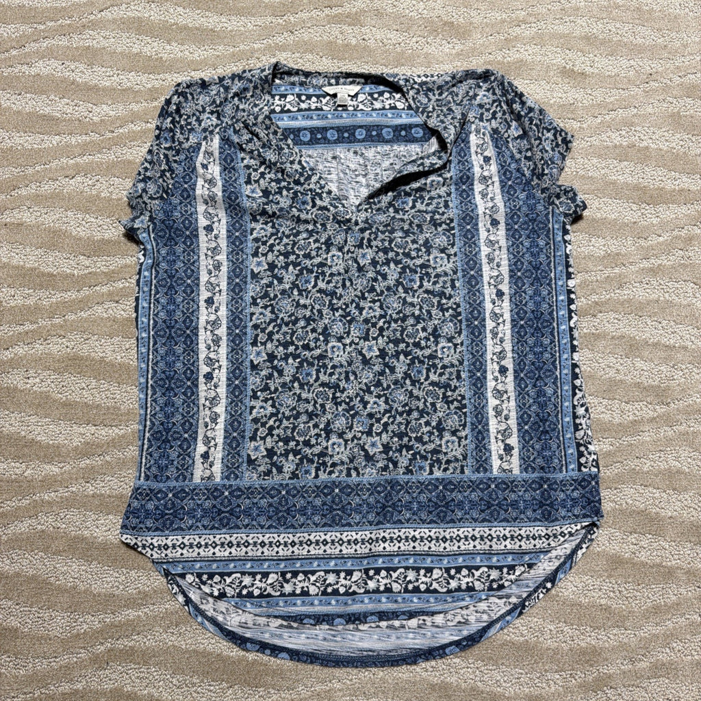 Womens Large Lucky Brand Short Sleeve Notch Neck Floral Shirt Top Blue White