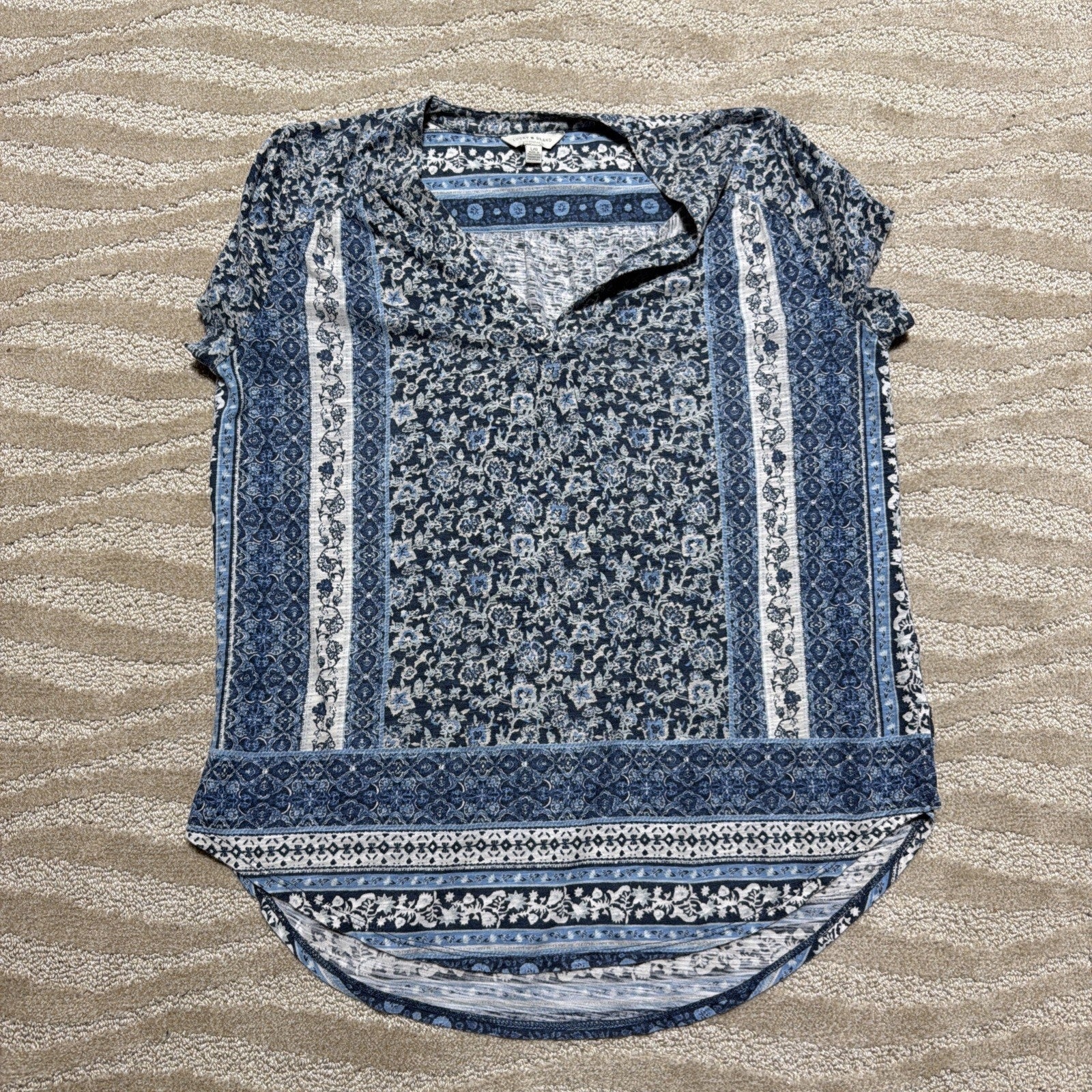 Womens Large Lucky Brand Short Sleeve Notch Neck Floral Shirt Top Blue White