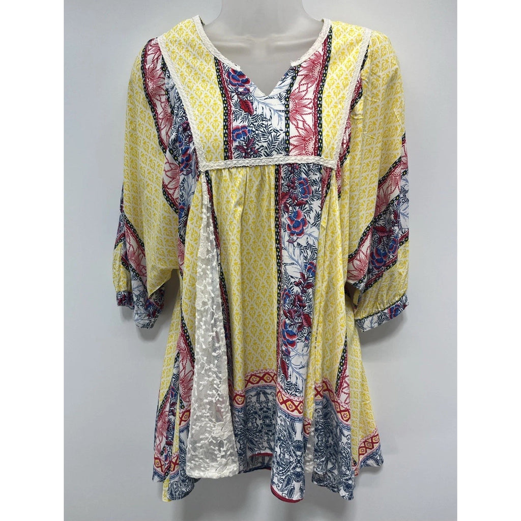 Umgee USA Boutique Women's Small Yellow Lace Short Sleeve Cute Tunic Top