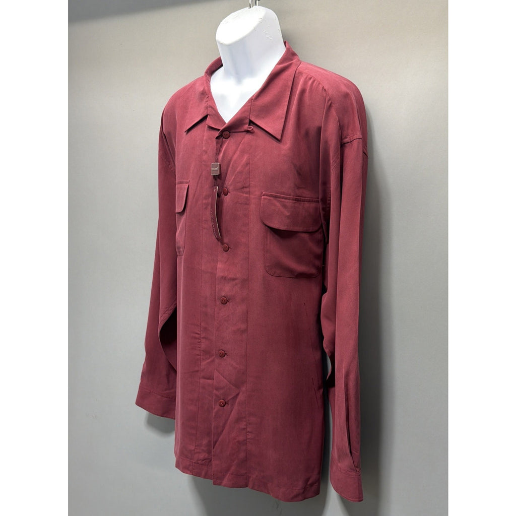 Tulliano Men’s XXXL 100% Silk Camp Shirt Wine Red Button Front Retro Lounge NWT
