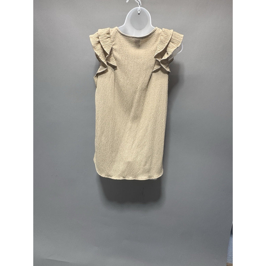 7th Ray Beige Ruffle Sleeve Top Large Textured V-Neck Made USA Boho