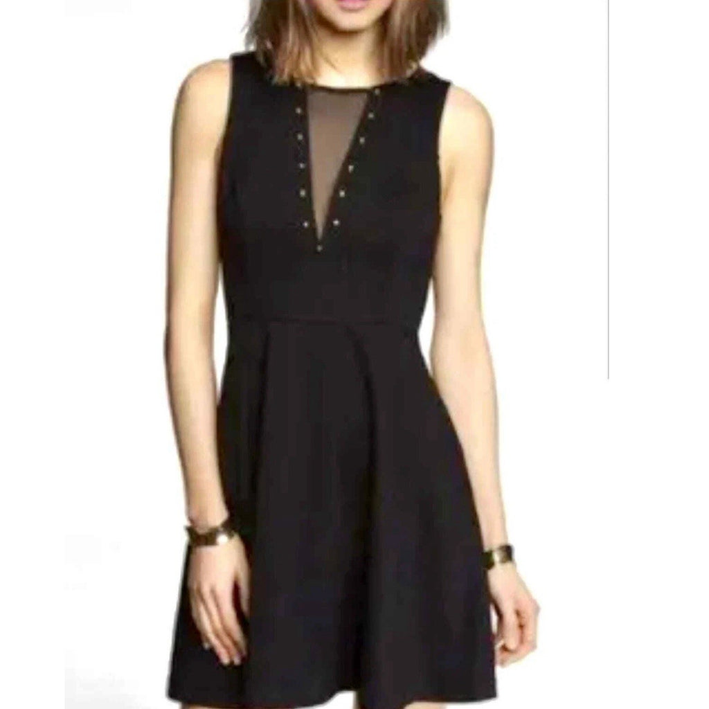 Express Black Mesh Panel Studded Fit & Flare Stretch Mini Dress Women's Black M
