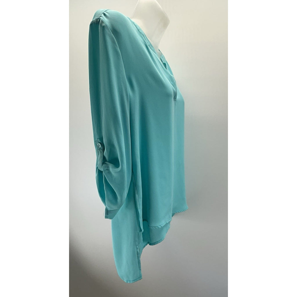 CHICO'S Size 0 Small Womens Teal Split Neck Long Sleeve Sheer Blouse .