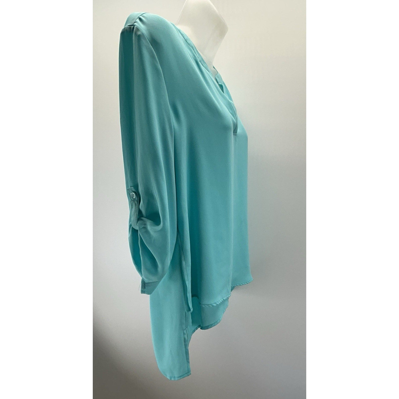CHICO'S Size 0 Small Womens Teal Split Neck Long Sleeve Sheer Blouse .