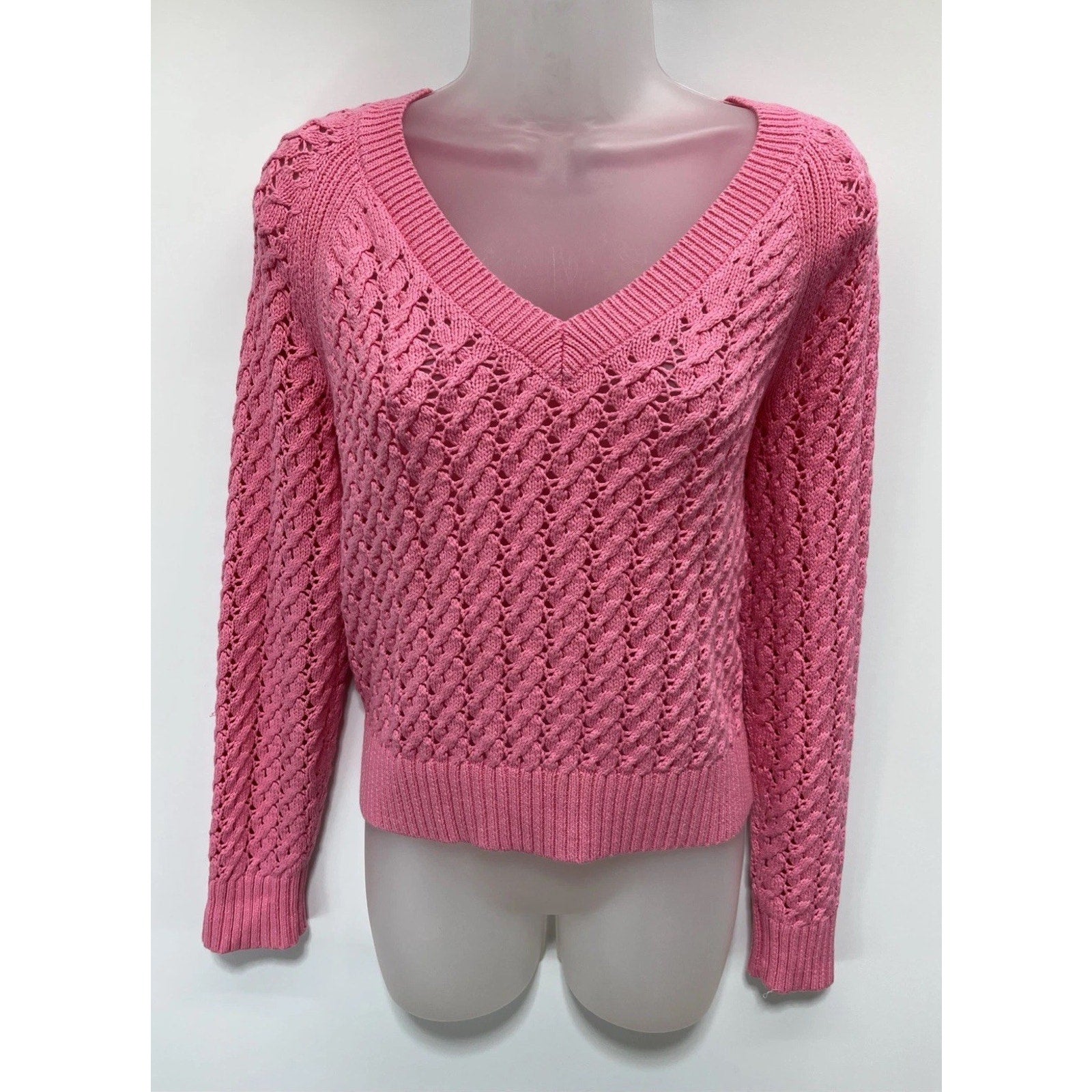 Talbots Sweater Womens M Petite 100% Cotton Open Knit Pullover Pink V Neck