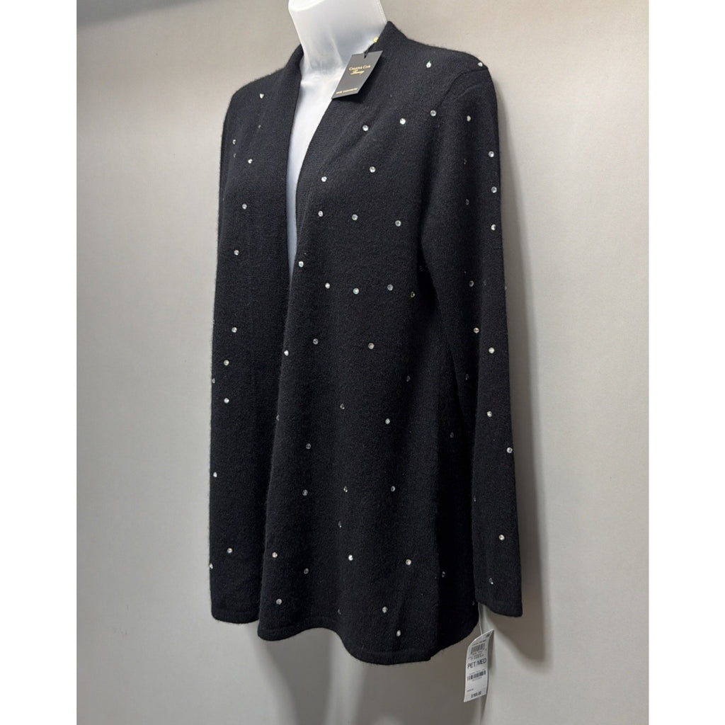 NWT Charter Club Luxury 100% Cashmere Black Rhinestone Open Front Cardigan PM