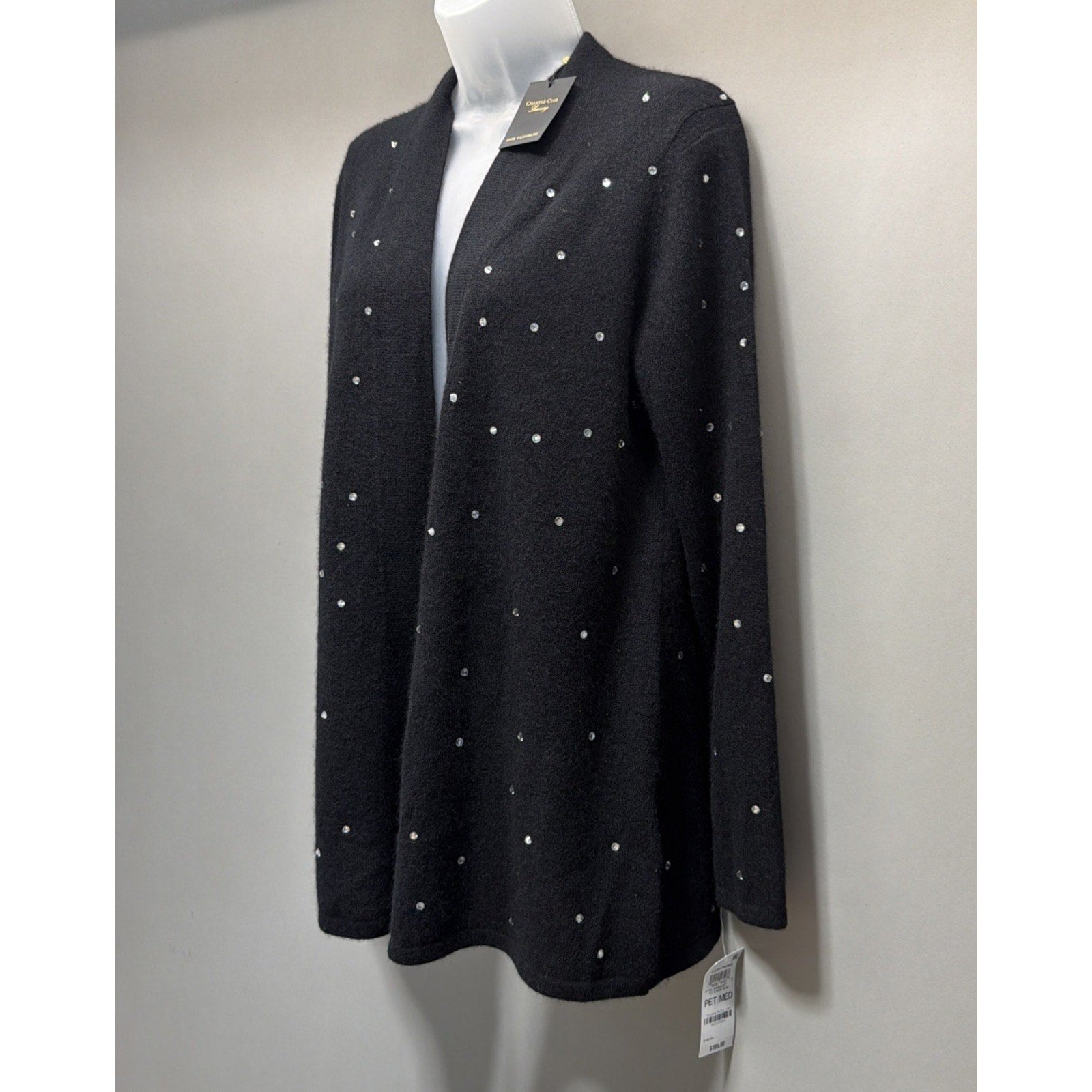 NWT Charter Club Luxury 100% Cashmere Black Rhinestone Open Front Cardigan PM